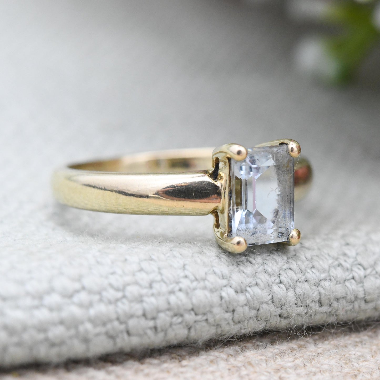 9ct Gold Aquamarine Solitaire Ring Emerald Cut 2002 QVC - Large Prong Blue Single Stone Cocktail Ring | UK Size - M | US Size - 6 1/4
