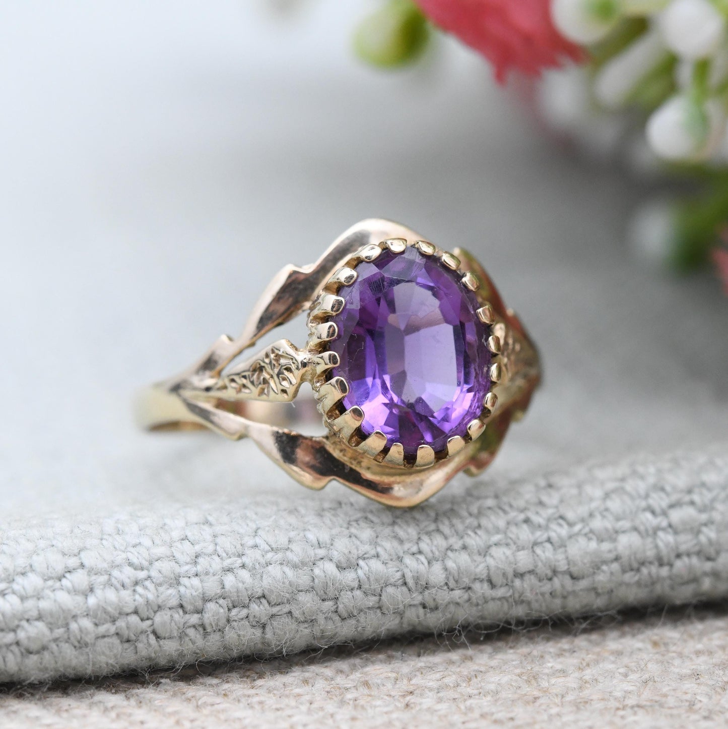 Vintage 9ct Gold Amethyst Ring 1990 - Statement Large Purple Faceted Gemstone Solitaire | Pretty Gift for Her | UK Size P | US Size 7 3/4
