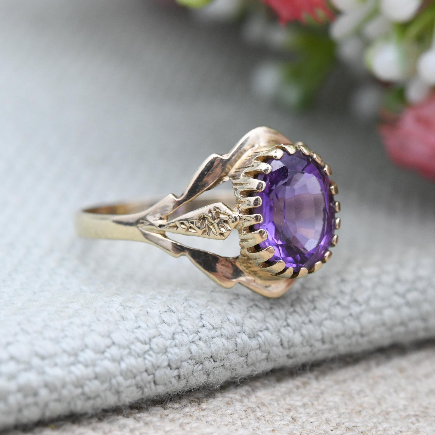 Vintage 9ct Gold Amethyst Ring 1990 - Statement Large Purple Faceted Gemstone Solitaire | Pretty Gift for Her | UK Size P | US Size 7 3/4