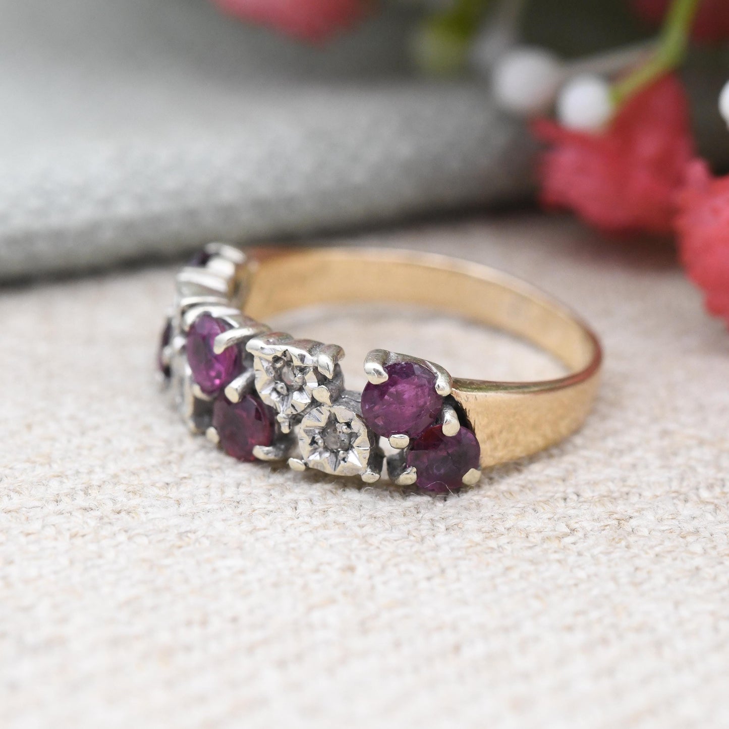 Vintage 9ct Gold Half Eternity Ruby and Diamond Ring 1978 2 Row - Red and Clear Gemstone Half Hoop Band Ring | UK Size - P | US Size - 7 1/2
