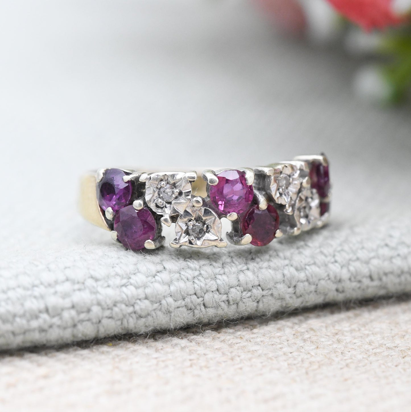 Vintage 9ct Gold Half Eternity Ruby and Diamond Ring 1978 2 Row - Red and Clear Gemstone Half Hoop Band Ring | UK Size - P | US Size - 7 1/2