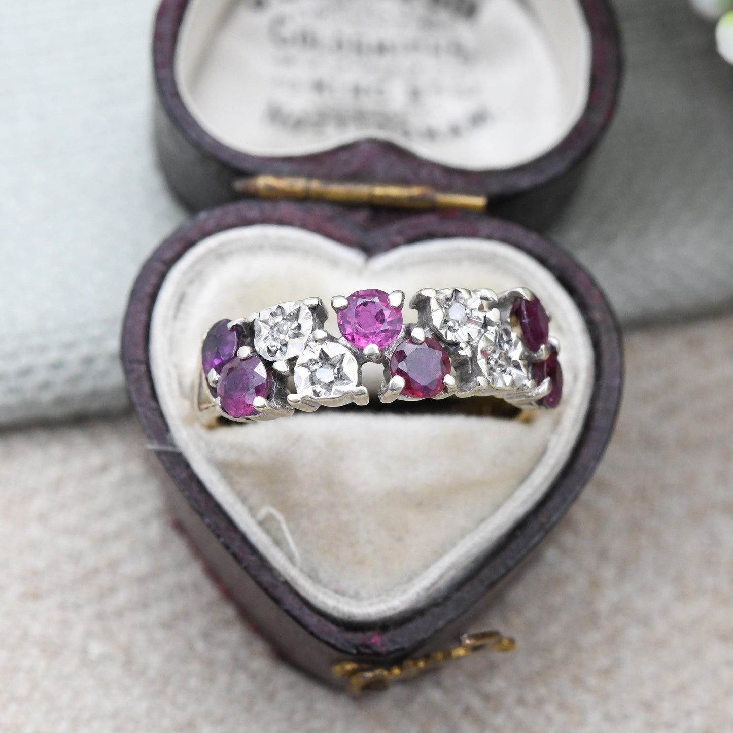 Vintage 9ct Gold Half Eternity Ruby and Diamond Ring 1978 2 Row - Red and Clear Gemstone Half Hoop Band Ring | UK Size - P | US Size - 7 1/2