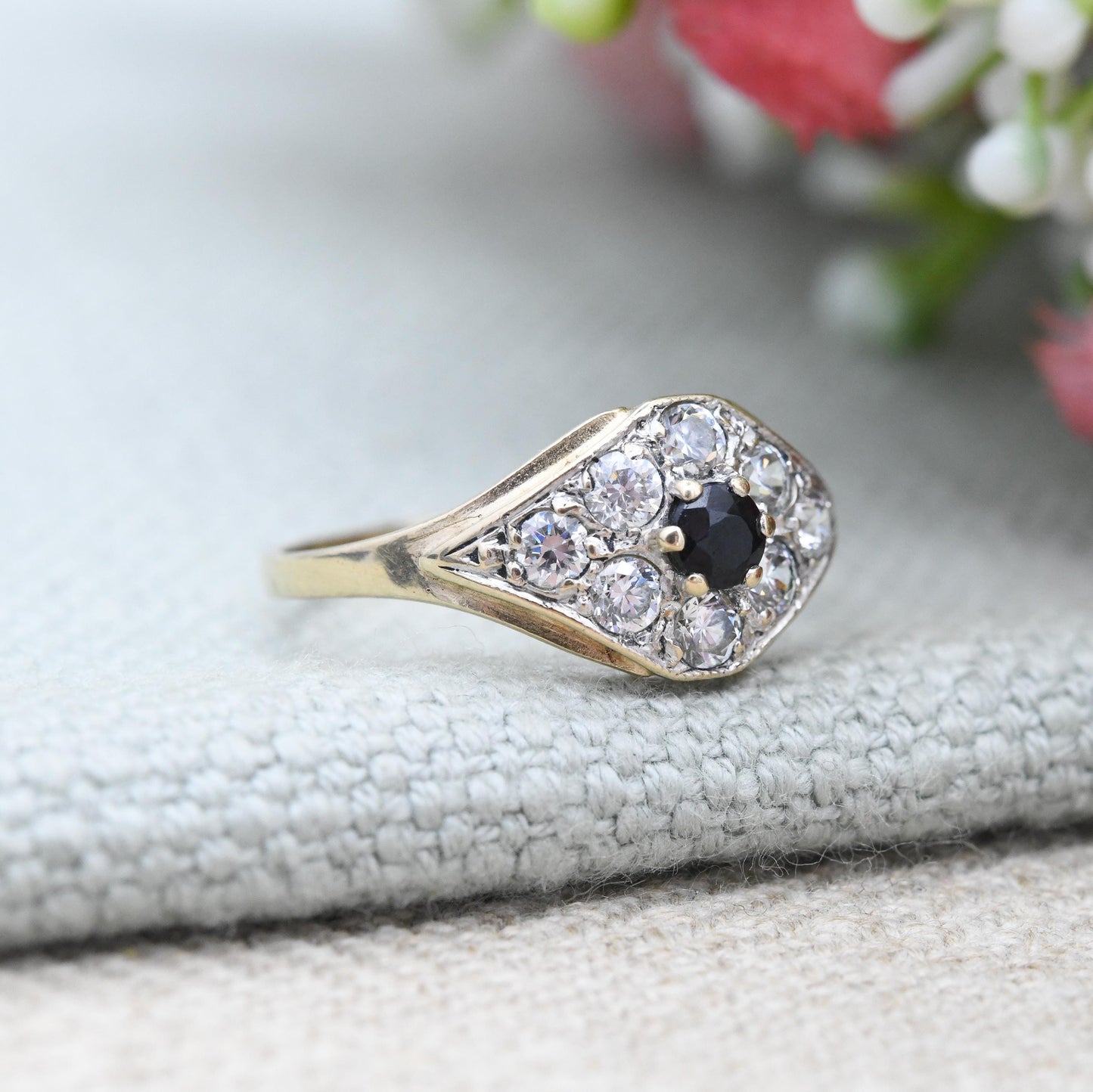 Vintage 9ct Gold Sapphire Eye Cluster Ring 1991 with White Stones - Unusual Blue Clear Stones Evil Eye Shape | UK Size - N | US Size - 6 1/2