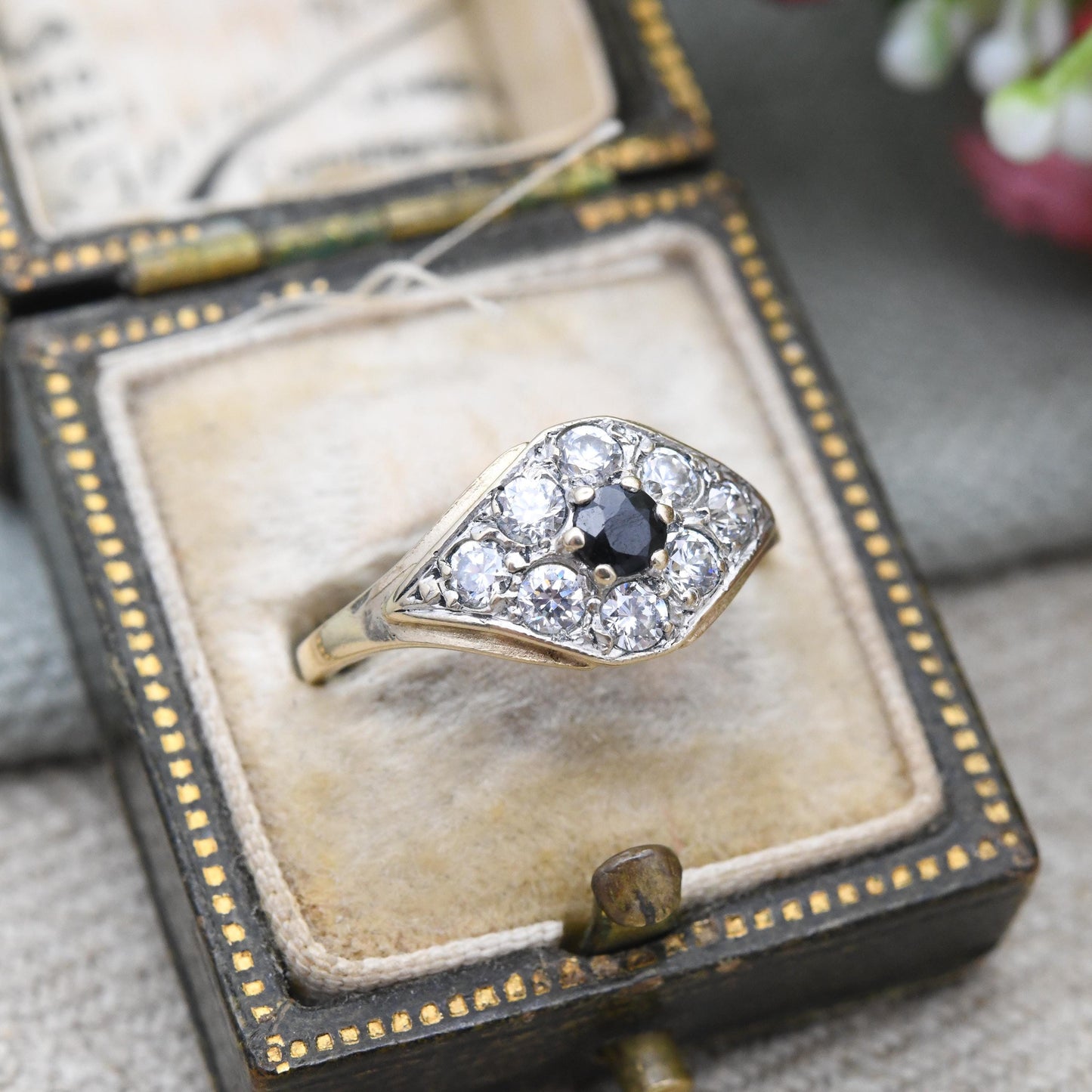 Vintage 9ct Gold Sapphire Eye Cluster Ring 1991 with White Stones - Unusual Blue Clear Stones Evil Eye Shape | UK Size - N | US Size - 6 1/2