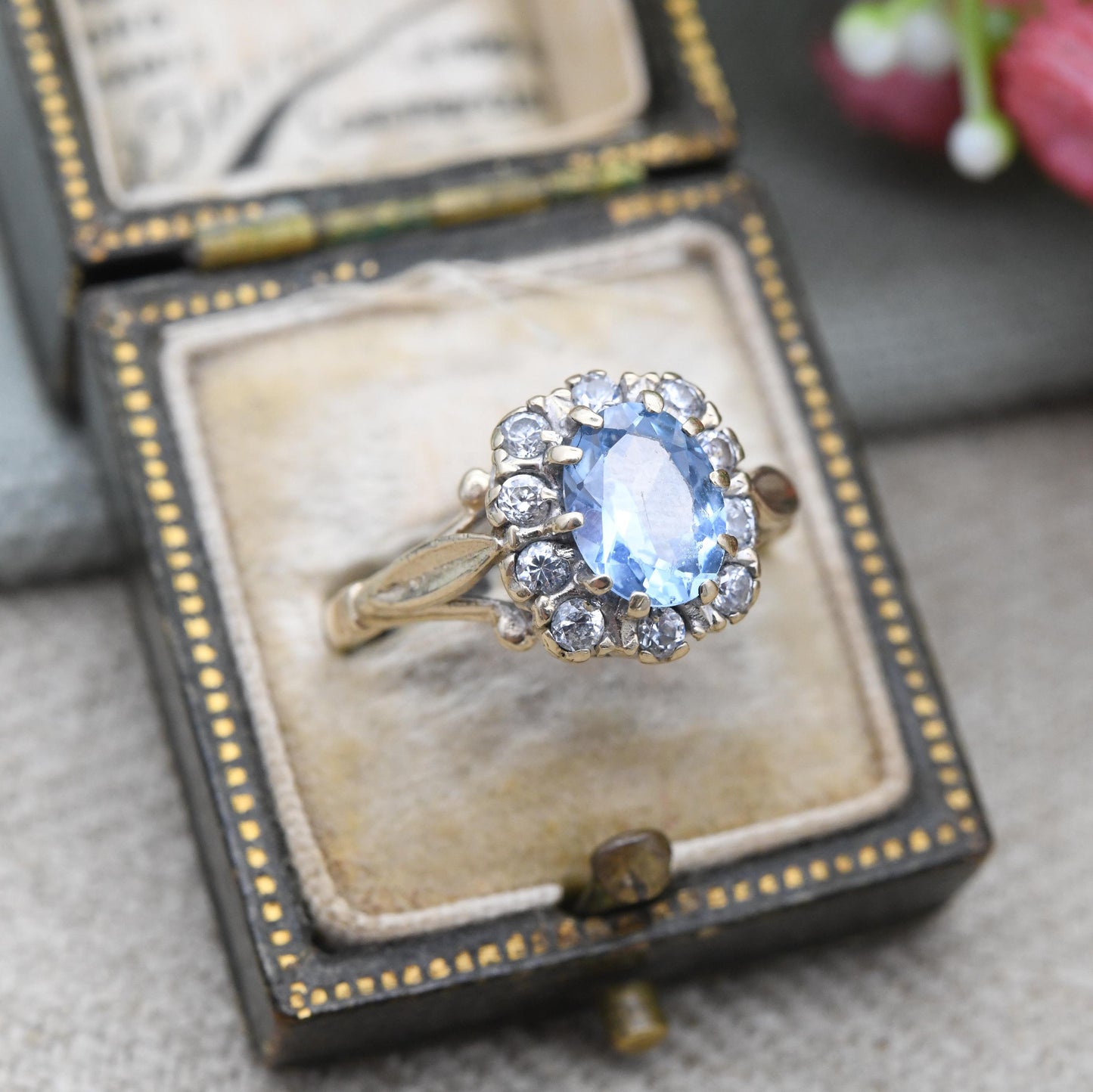 Vintage 9ct Gold Halo Ring Blue and Clear Stones - Pretty Square Halo Cocktail Ring | Jewellery Gift for Her | UK Size - N | US Size - 6 1/2