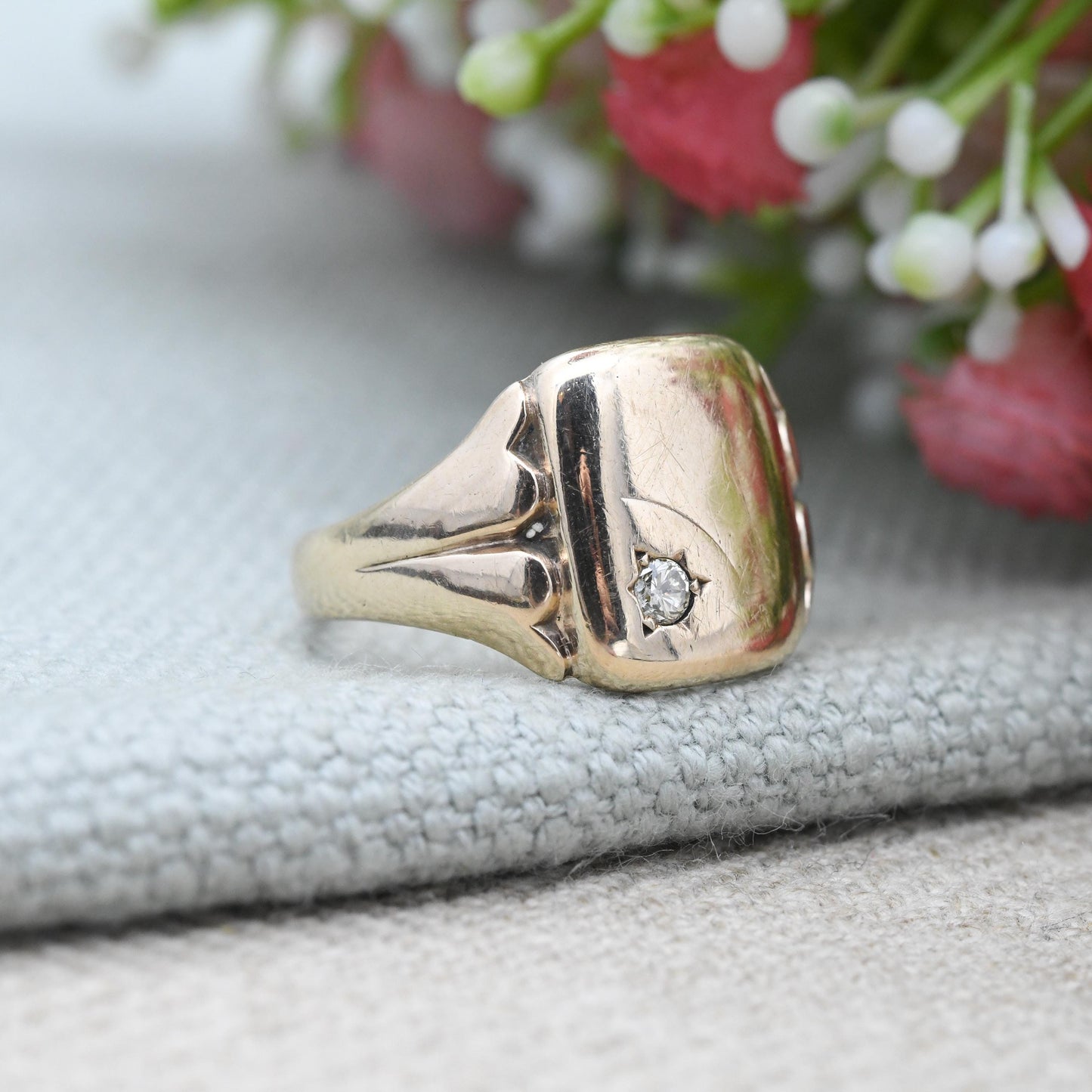 Vintage 9ct Gold Diamond Signet Ring 1960 Flush Star Setting - Unisex Solid Yellow Gold Jewellery Gift for Him | UK Size - Q | US Size - 8
