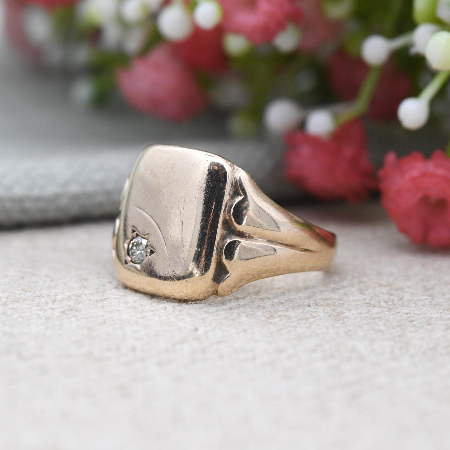 Vintage 9ct Gold Diamond Signet Ring 1960 Flush Star Setting - Unisex Solid Yellow Gold Jewellery Gift for Him | UK Size - Q | US Size - 8
