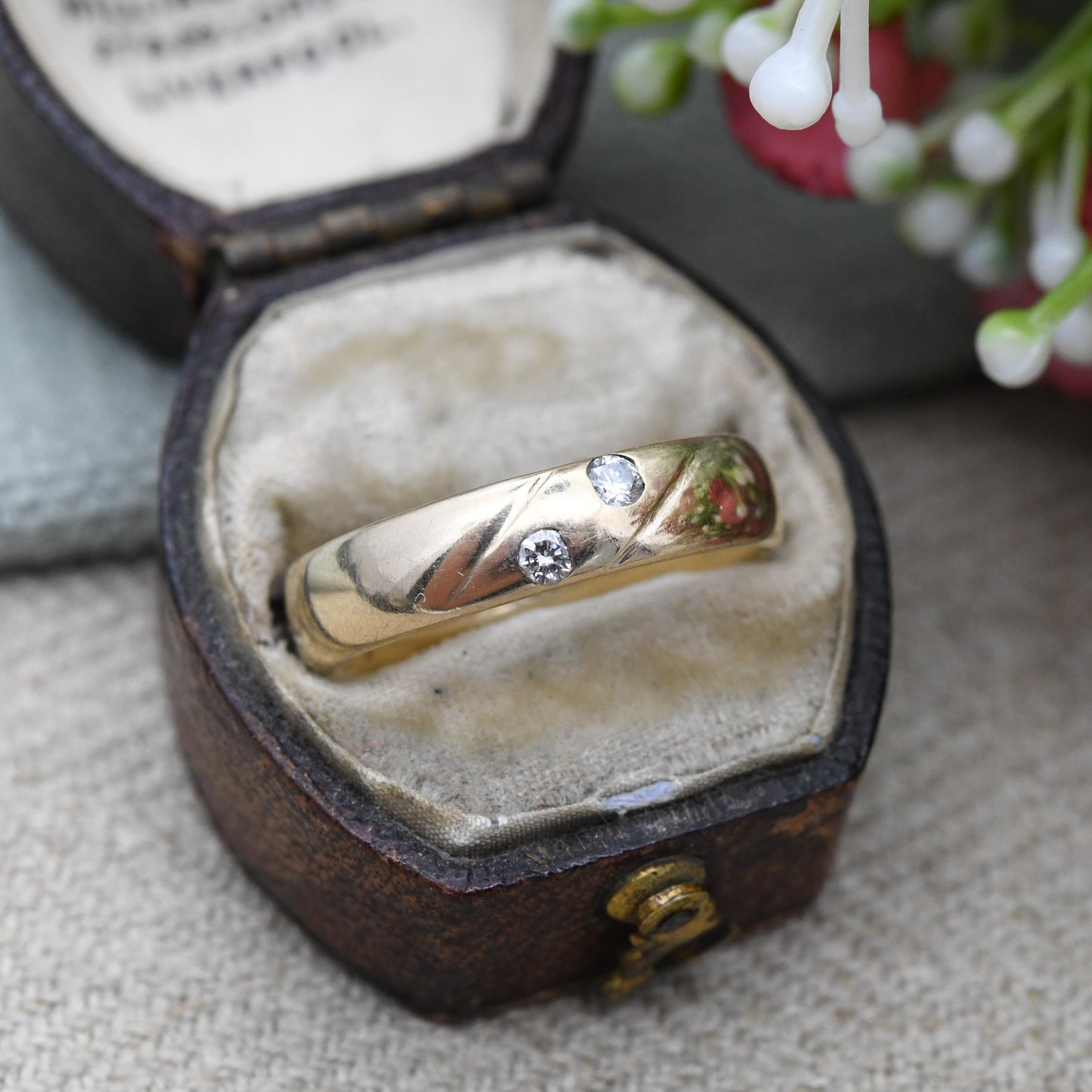 Vintage 9ct Gold Diamond Flush Band Ring Two Stones 1987 - Yellow Gold Unisex Wedding Band | Men's Engagement | UK Size - P US Size - 7 3/4