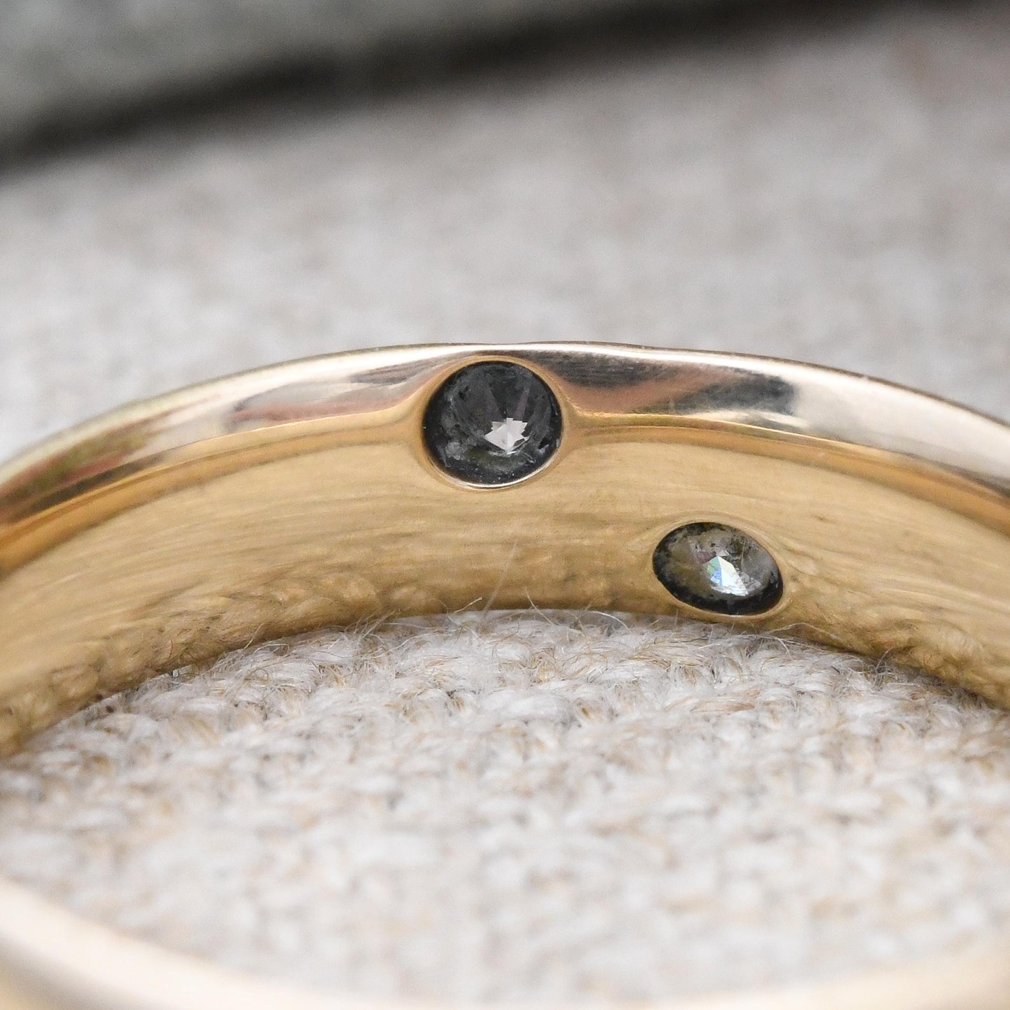 Vintage 9ct Gold Diamond Flush Band Ring Two Stones 1987 - Yellow Gold Unisex Wedding Band | Men's Engagement | UK Size - P US Size - 7 3/4