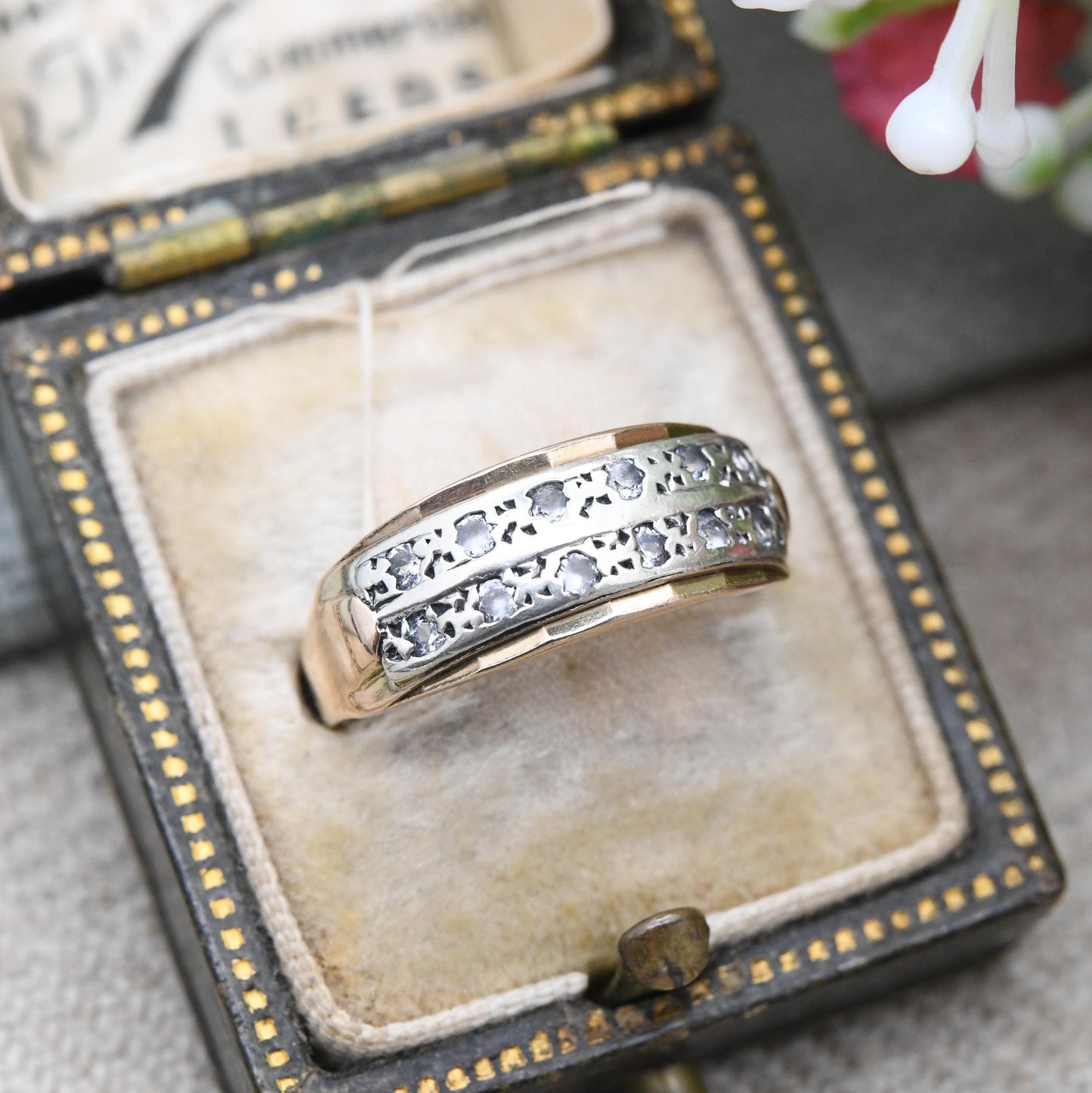Vintage 9ct Gold Half Eternity Band Ring 2 Rows 1975 - Mid-Century Stacker Yellow Gold Jewellery Wedding Band | UK Size - K US Size - 5 1/2
