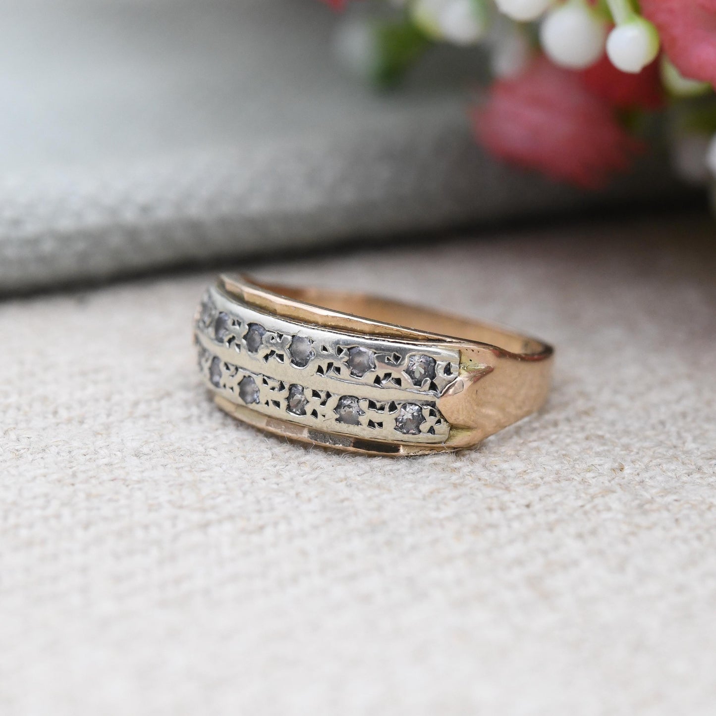 Vintage 9ct Gold Half Eternity Band Ring 2 Rows 1975 - Mid-Century Stacker Yellow Gold Jewellery Wedding Band | UK Size - K US Size - 5 1/2