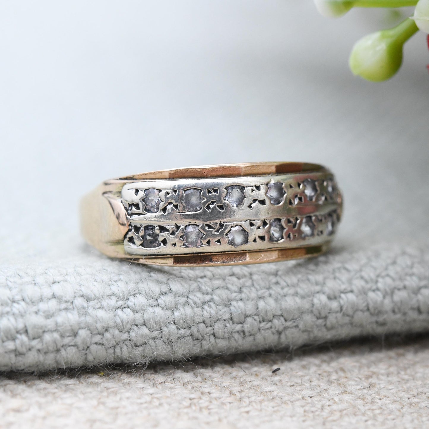 Vintage 9ct Gold Half Eternity Band Ring 2 Rows 1975 - Mid-Century Stacker Yellow Gold Jewellery Wedding Band | UK Size - K US Size - 5 1/2