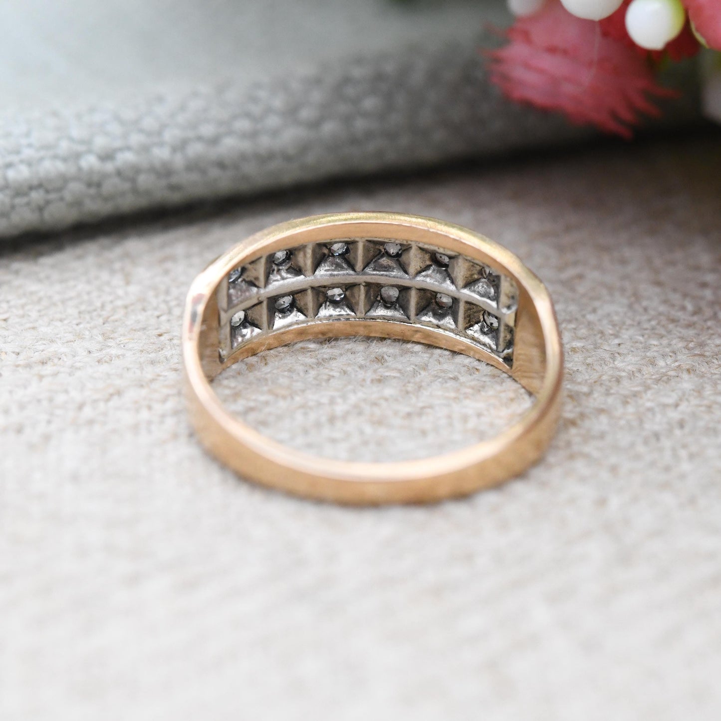 Vintage 9ct Gold Half Eternity Band Ring 2 Rows 1975 - Mid-Century Stacker Yellow Gold Jewellery Wedding Band | UK Size - K US Size - 5 1/2