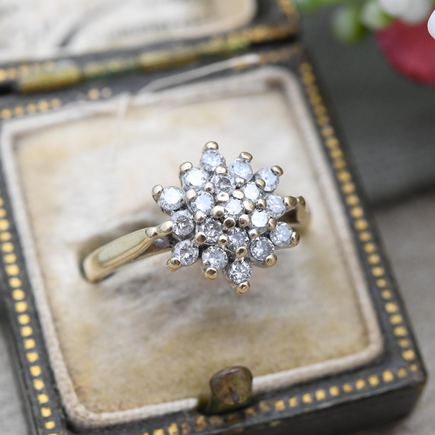 Vintage 9ct Gold and Diamond Cluster Ring 0.5 1/2 Carats 50 Points - Statement Cocktail Pretty Gift for Her | UK Size - L | US Size - 5 3/4