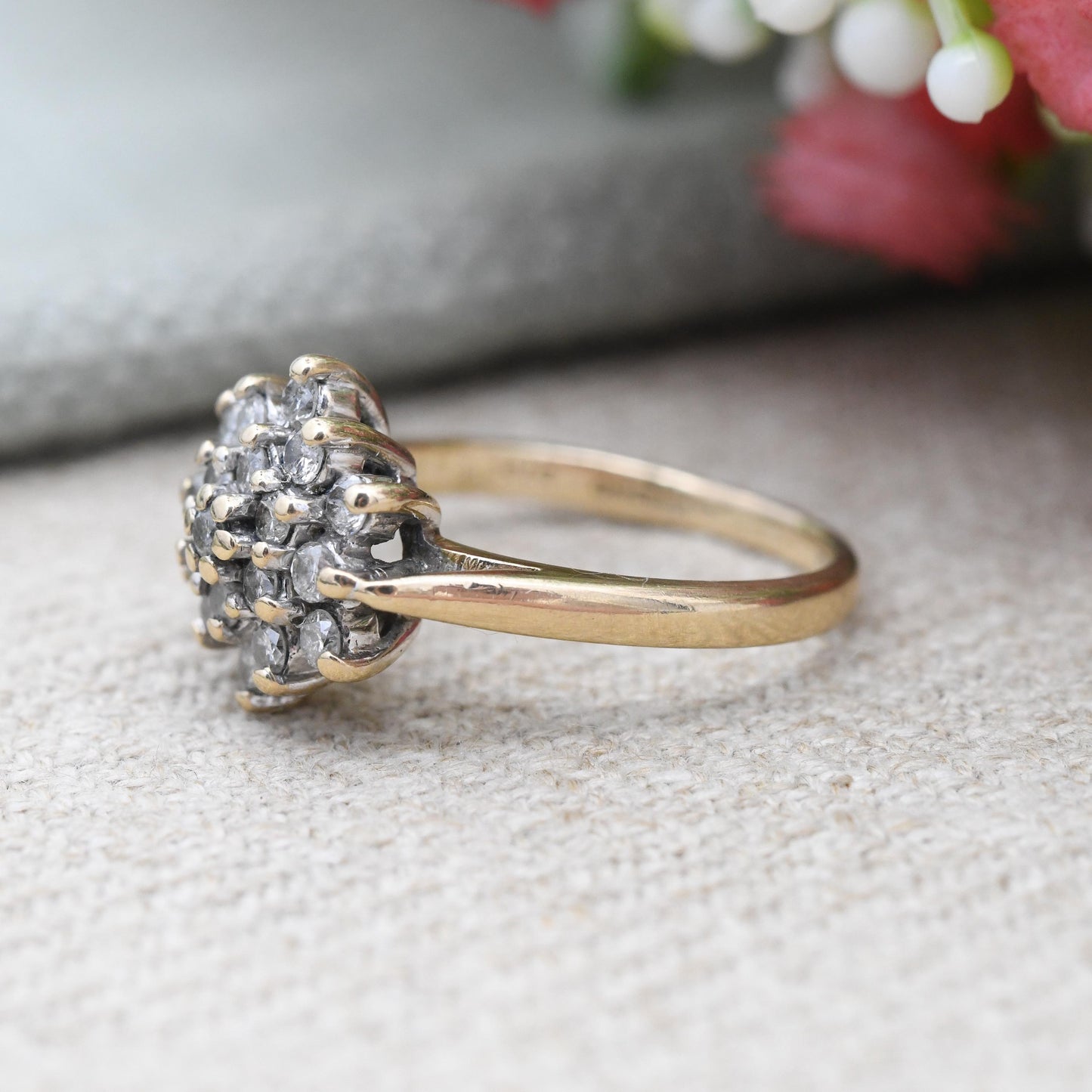 Vintage 9ct Gold and Diamond Cluster Ring 0.5 1/2 Carats 50 Points - Statement Cocktail Pretty Gift for Her | UK Size - L | US Size - 5 3/4