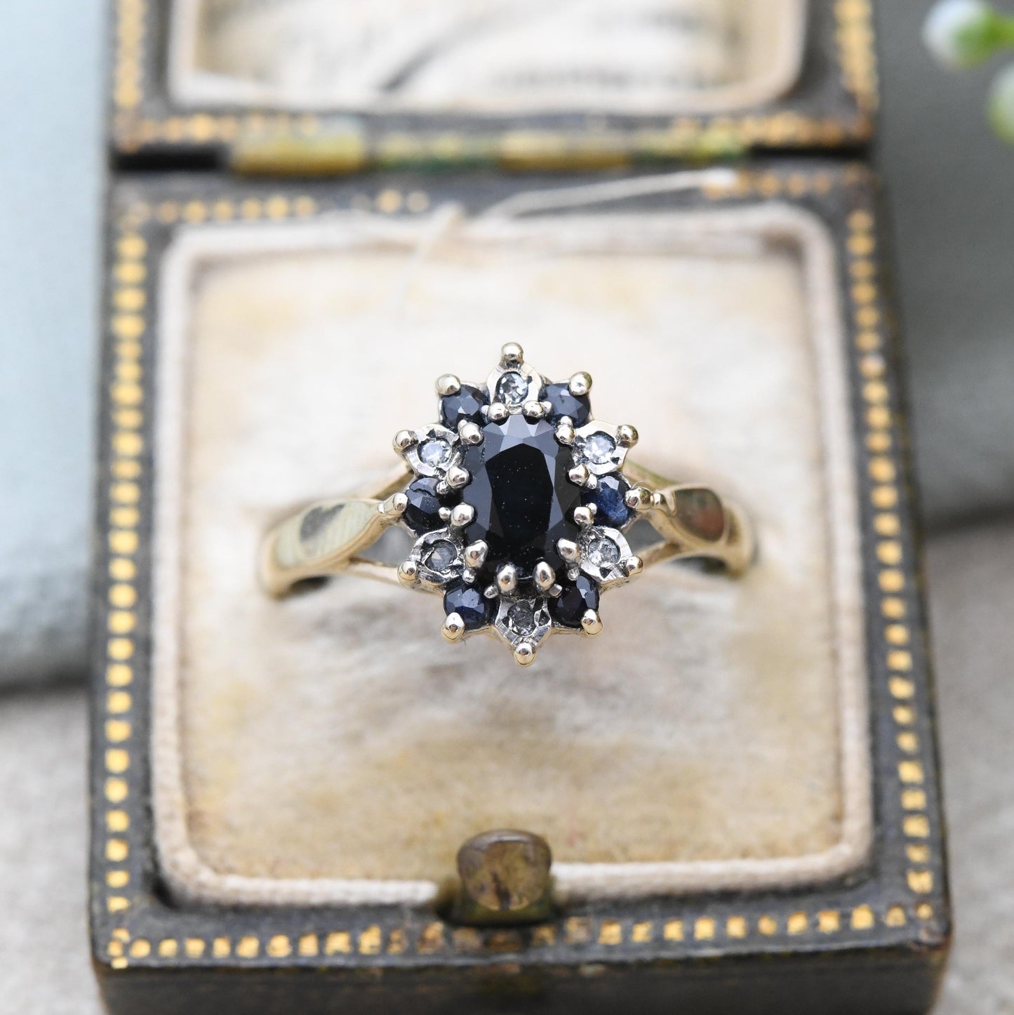 Vintage 9ct Gold Diamond and Sapphire Floral Cluster Ring 1991 - Statement Deep Blue Engagement Gift | Small UK Size - K 1/2 US Size - 5 1/2