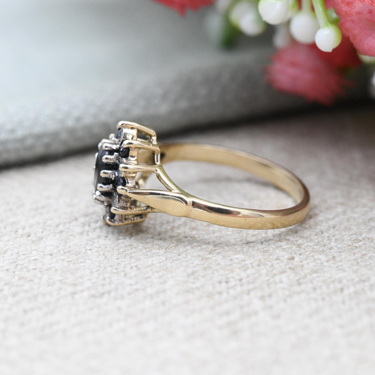 Vintage 9ct Gold Diamond and Sapphire Floral Cluster Ring 1991 - Statement Deep Blue Engagement Gift | Small UK Size - K 1/2 US Size - 5 1/2