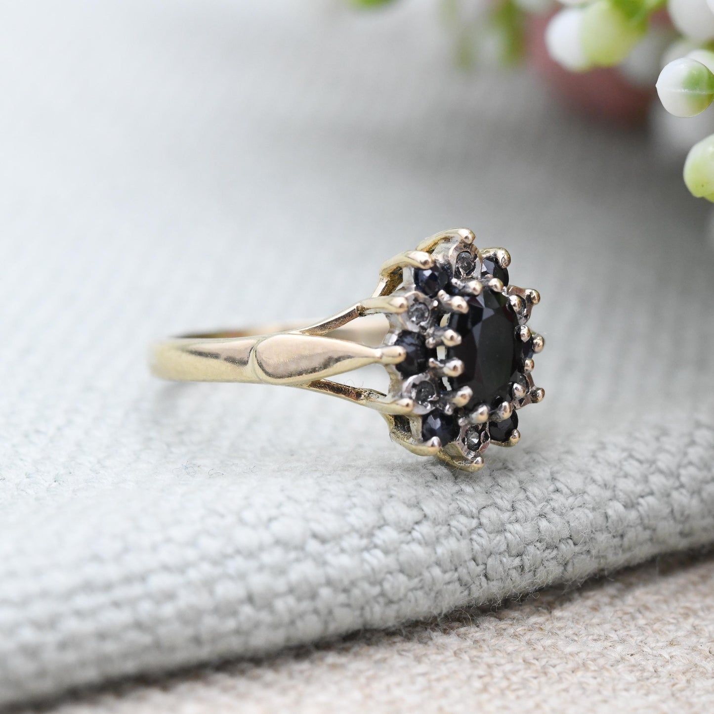 Vintage 9ct Gold Diamond and Sapphire Floral Cluster Ring 1991 - Statement Deep Blue Engagement Gift | Small UK Size - K 1/2 US Size - 5 1/2