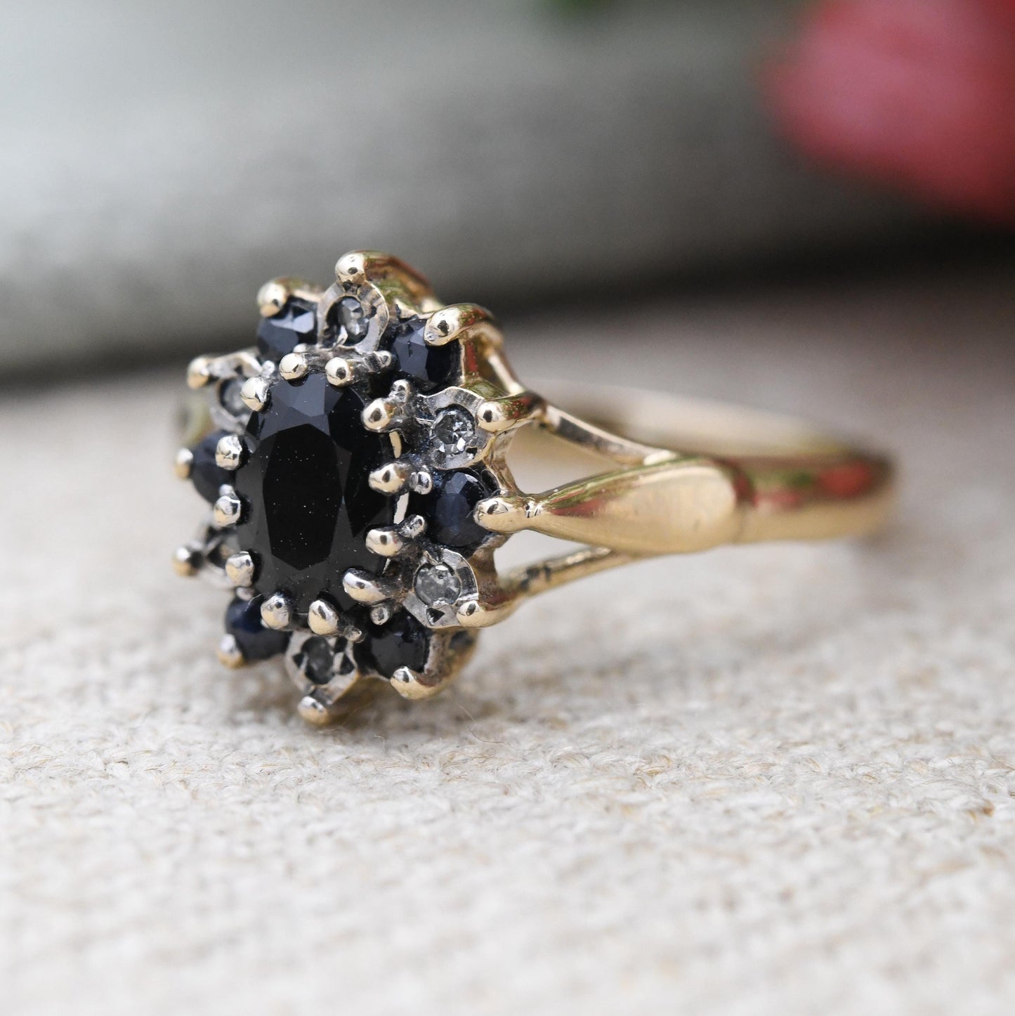 Vintage 9ct Gold Diamond and Sapphire Floral Cluster Ring 1991 - Statement Deep Blue Engagement Gift | Small UK Size - K 1/2 US Size - 5 1/2