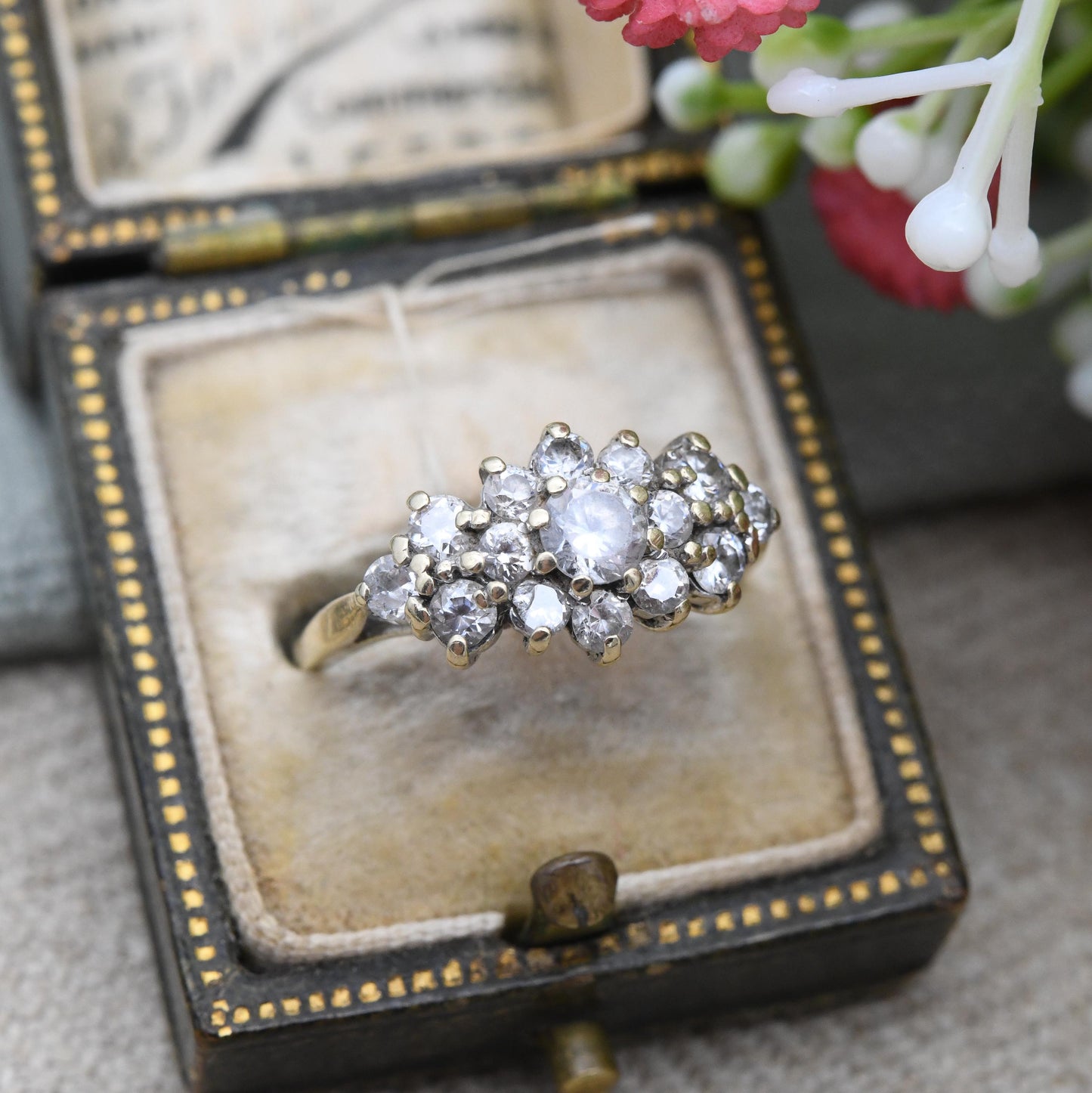 Vintage 9ct Gold CZ Cluster Ring White Stones - Pretty Gold Jewellery Gift for Her | Cocktail Statement | UK Size - M 1/2 | US Size - 6 1/2