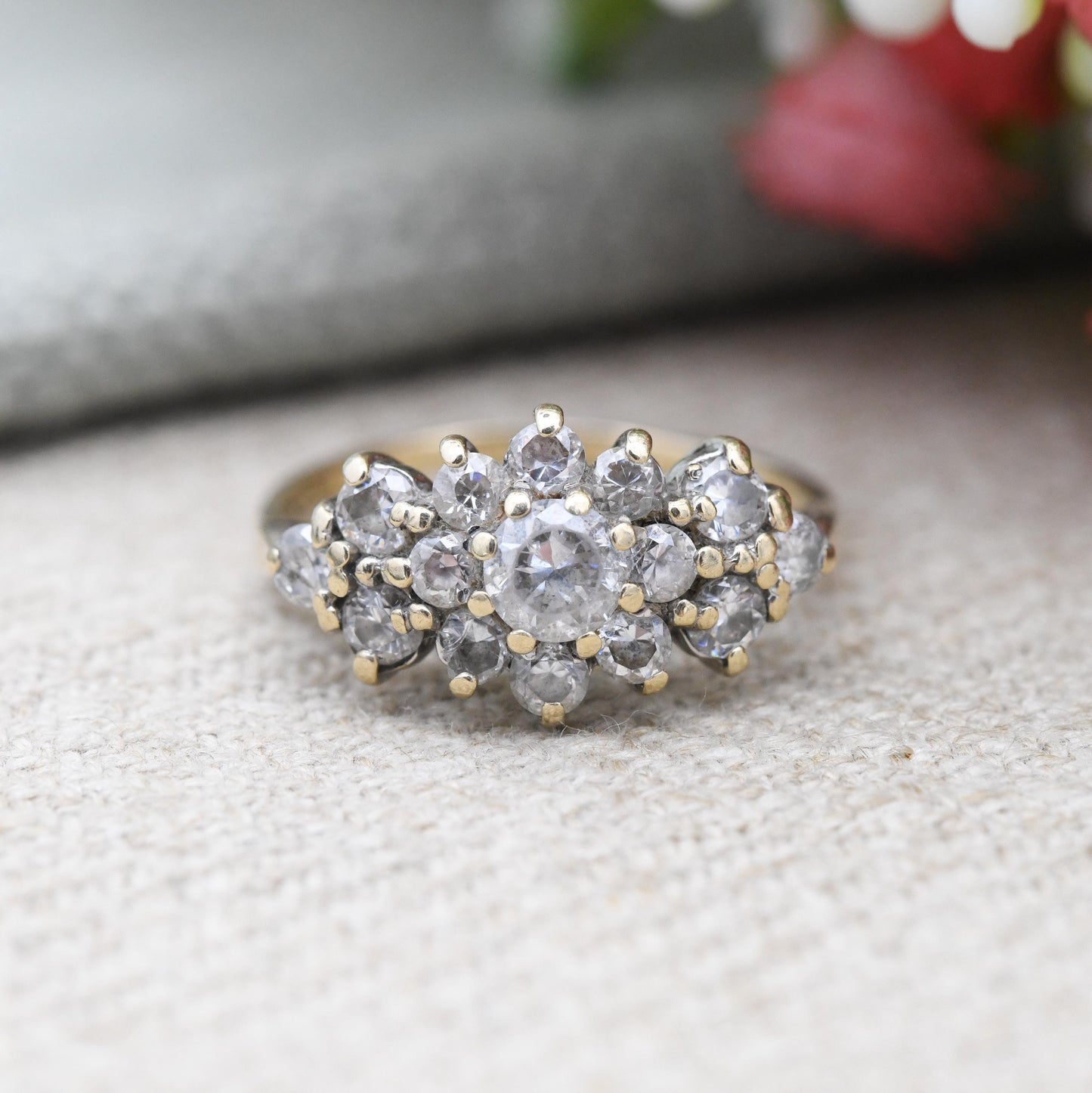Vintage 9ct Gold CZ Cluster Ring White Stones - Pretty Gold Jewellery Gift for Her | Cocktail Statement | UK Size - M 1/2 | US Size - 6 1/2