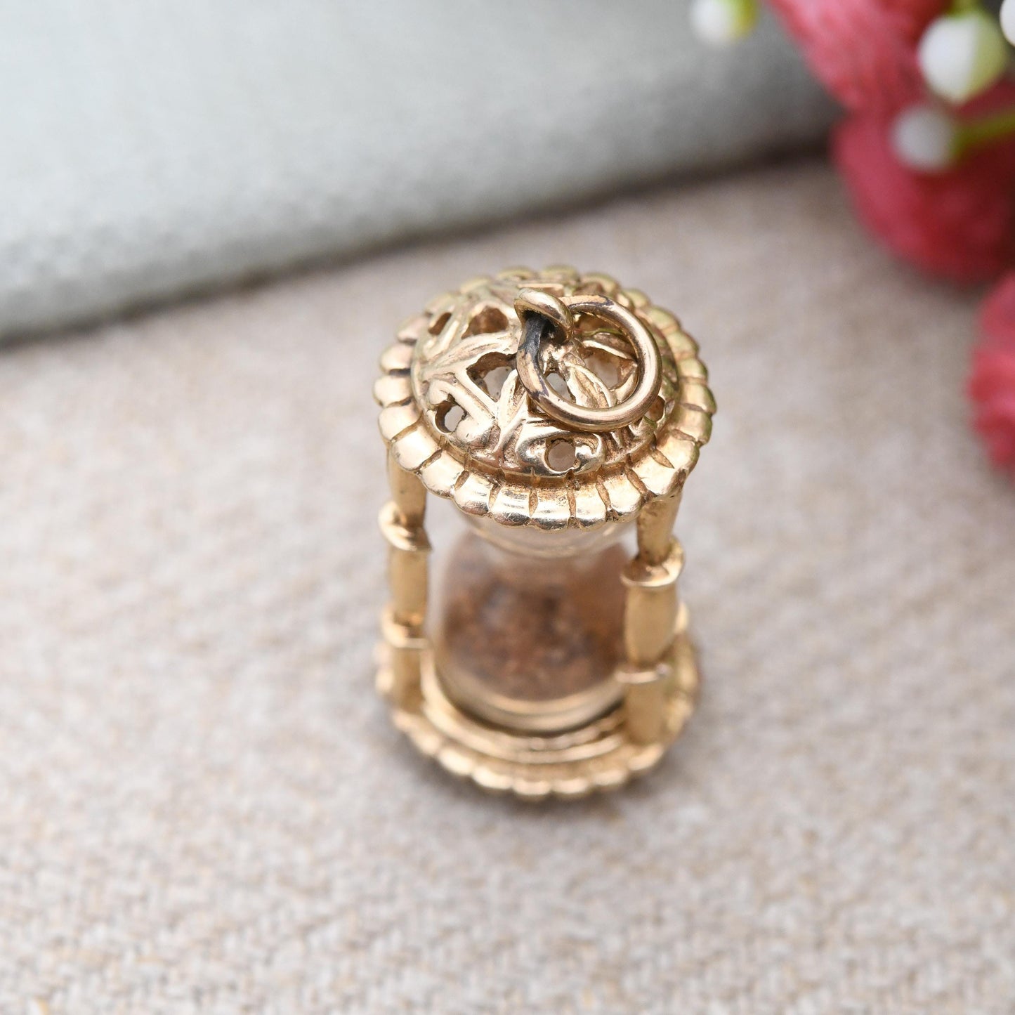 Vintage 9ct Gold Hourglass Charm Pendant by Fred Manshaw 1965 - Sand Timer | Unusual Solid Gold Jewellery Gift for Charm Collection Necklace