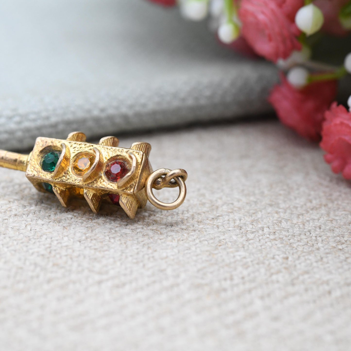 Vintage 9ct Gold Traffic Light Charm Pendant 1967 Red Amber Green Colourful Crystals - Solid Gold Jewellery | Rare Gift for Charm Collection