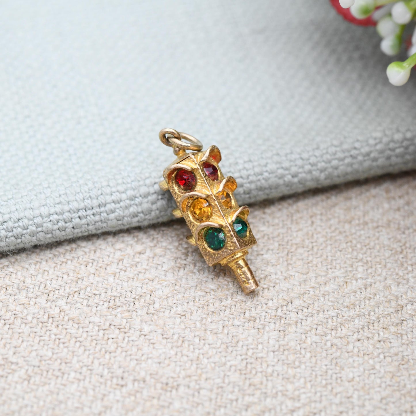 Vintage 9ct Gold Traffic Light Charm Pendant 1967 Red Amber Green Colourful Crystals - Solid Gold Jewellery | Rare Gift for Charm Collection