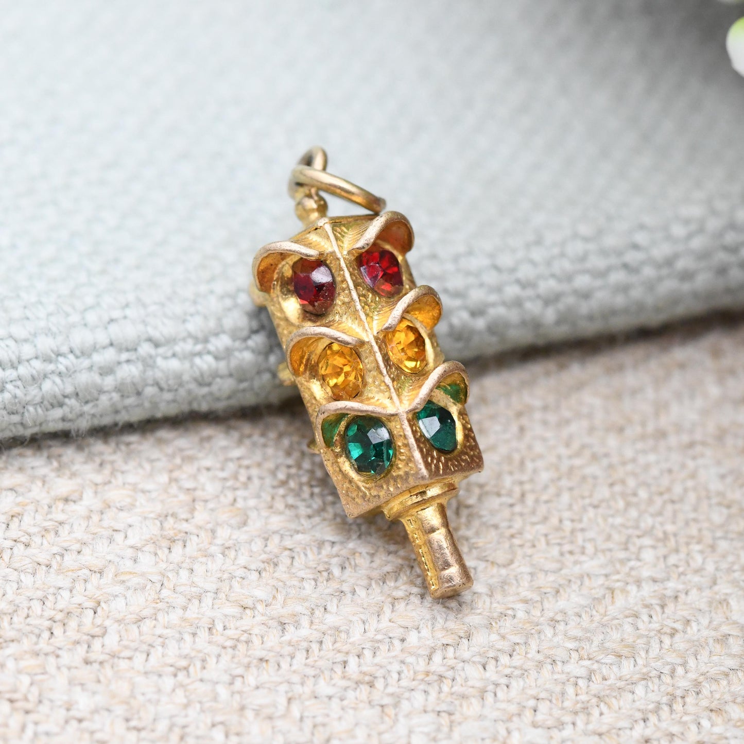 Vintage 9ct Gold Traffic Light Charm Pendant 1967 Red Amber Green Colourful Crystals - Solid Gold Jewellery | Rare Gift for Charm Collection