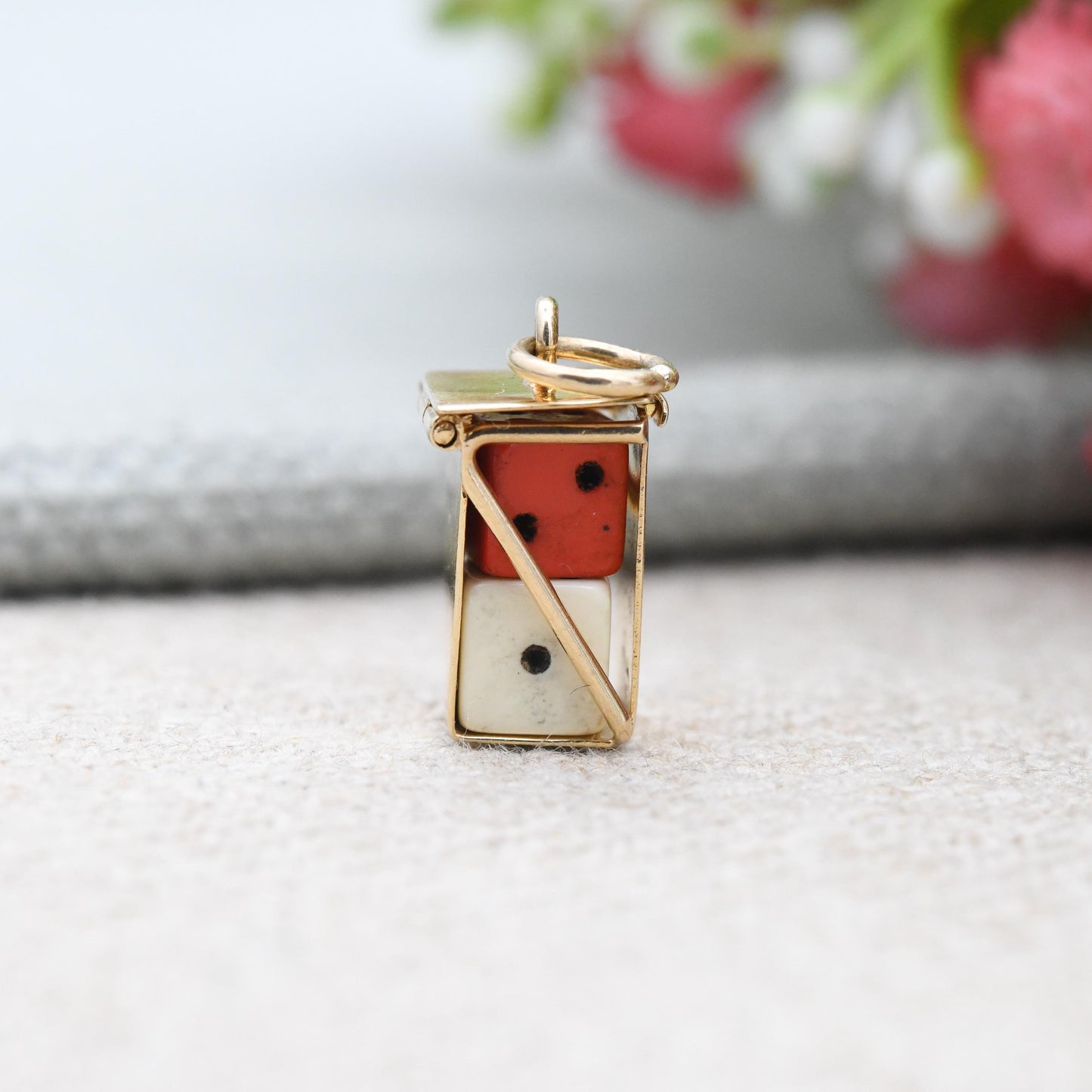 Vintage 9ct Gold Caged Dice Charm Pendant 1964 - Opening Lucky Dice | Die Pair Red and White | Gift for Charm Collection | Good Luck Charm