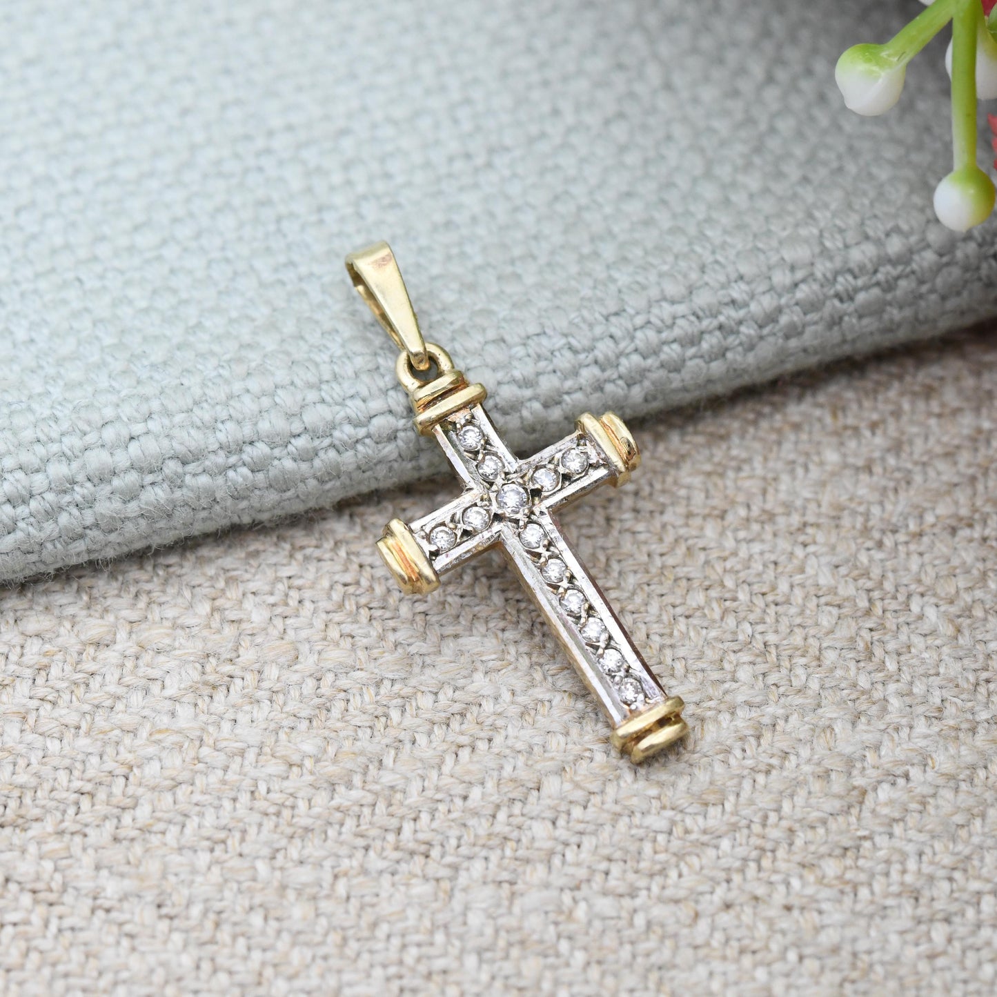 Vintage 9ct Gold Cross Pendant Two Tone with CZ Stones - White Gold and Yellow Gold Jewellery Christian Religious Necklace Gift Christening