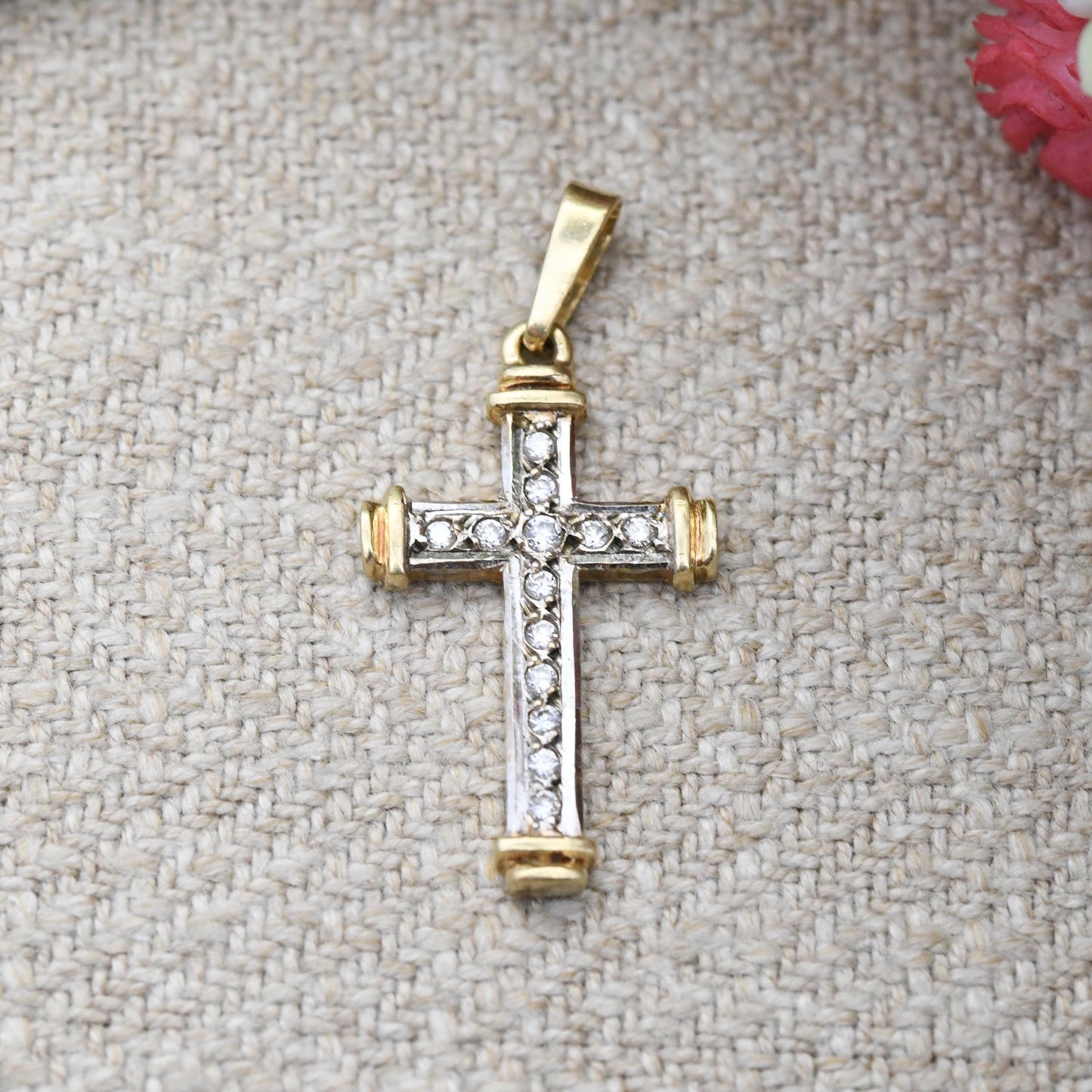 Vintage 9ct Gold Cross Pendant Two Tone with CZ Stones - White Gold and Yellow Gold Jewellery Christian Religious Necklace Gift Christening