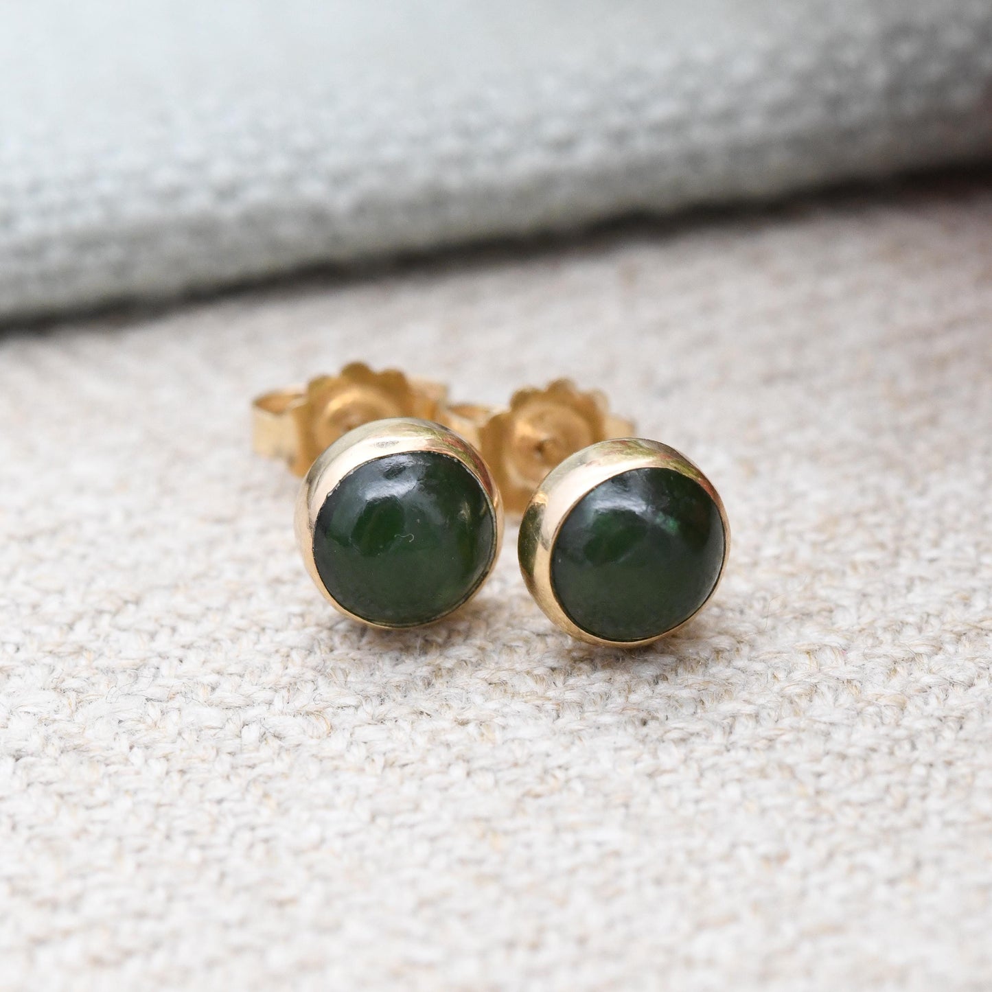 Vintage 14ct Gold Jade Stud Earrings Small Circle - Round Shape Sleeper Studs | Solid Gold Jewellery Gift Unisex | Butterfly Backs | H&S