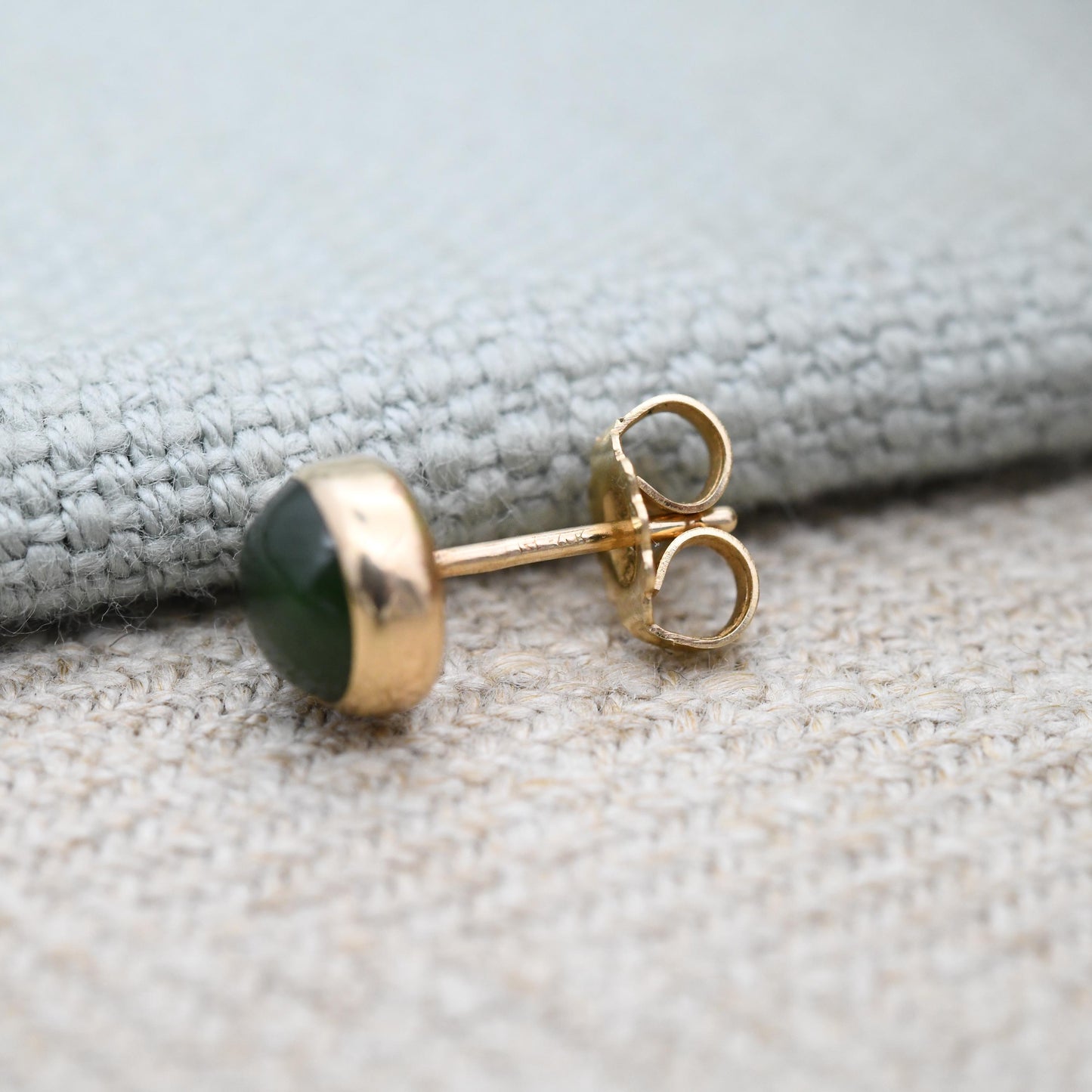 Vintage 14ct Gold Jade Stud Earrings Small Circle - Round Shape Sleeper Studs | Solid Gold Jewellery Gift Unisex | Butterfly Backs | H&S