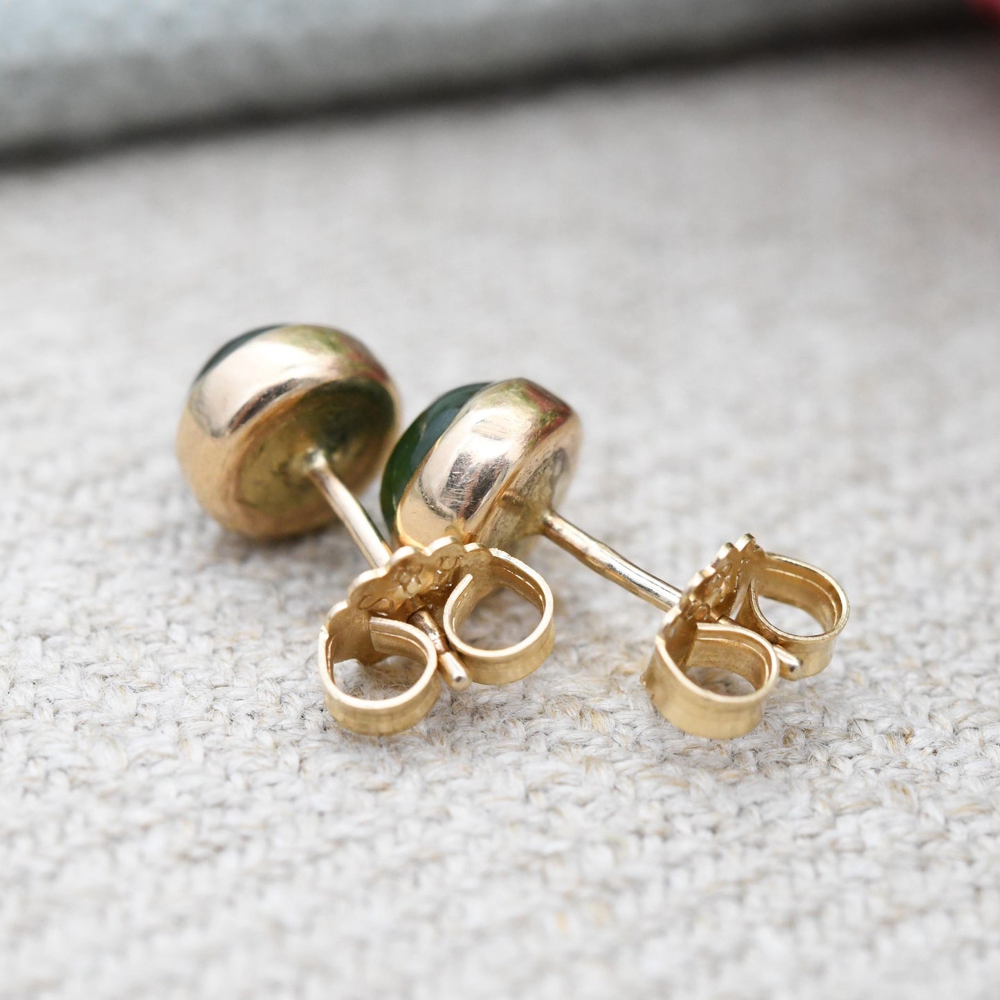 Vintage 14ct Gold Jade Stud Earrings Small Circle - Round Shape Sleeper Studs | Solid Gold Jewellery Gift Unisex | Butterfly Backs | H&S