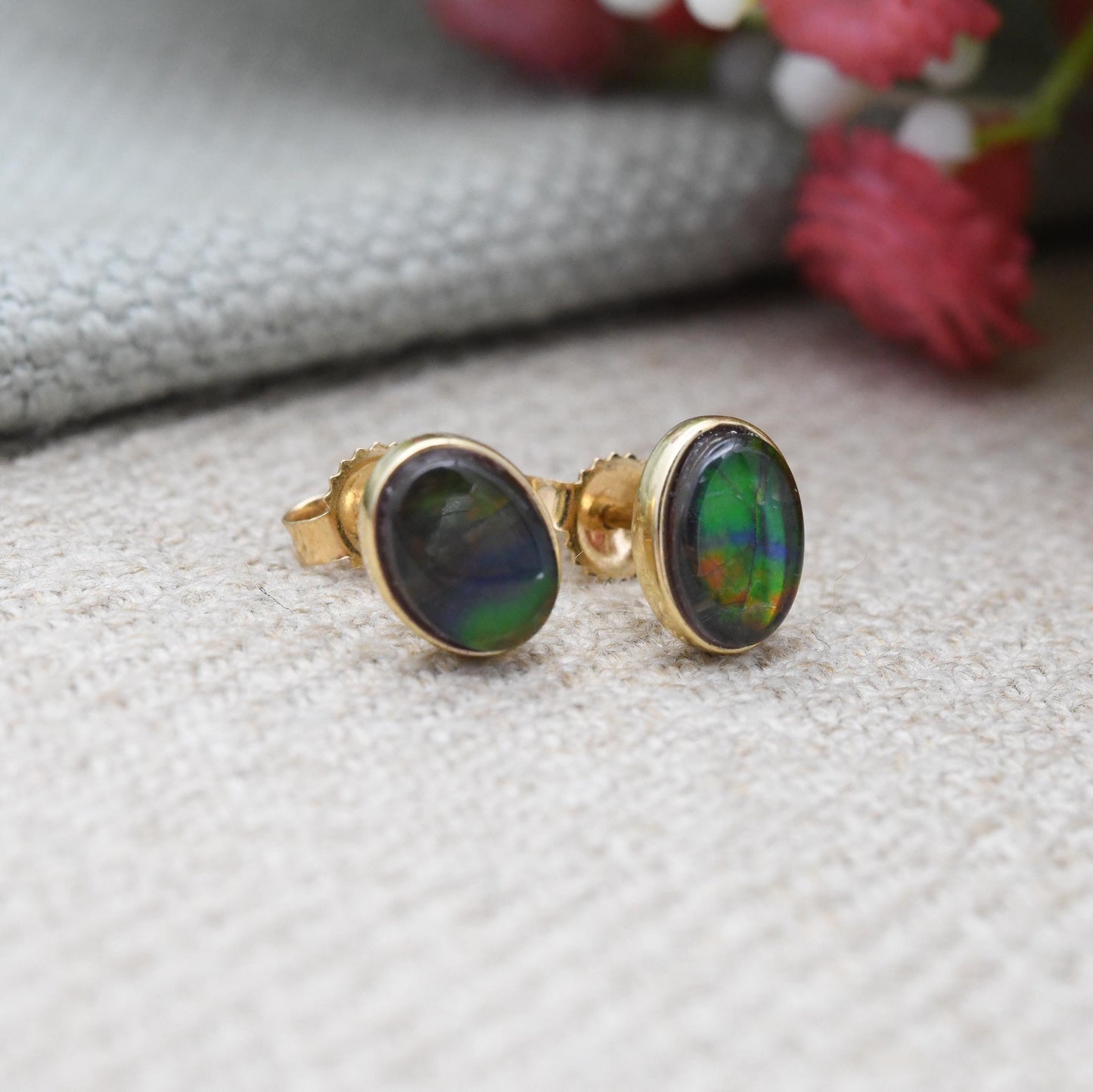 Vintage 14ct Gold Ammolite Doublet Earrings Oval Cabochon - Black and Green Little Studs Solid Gold Jewellery Gift Unisex | Butterfly Backs