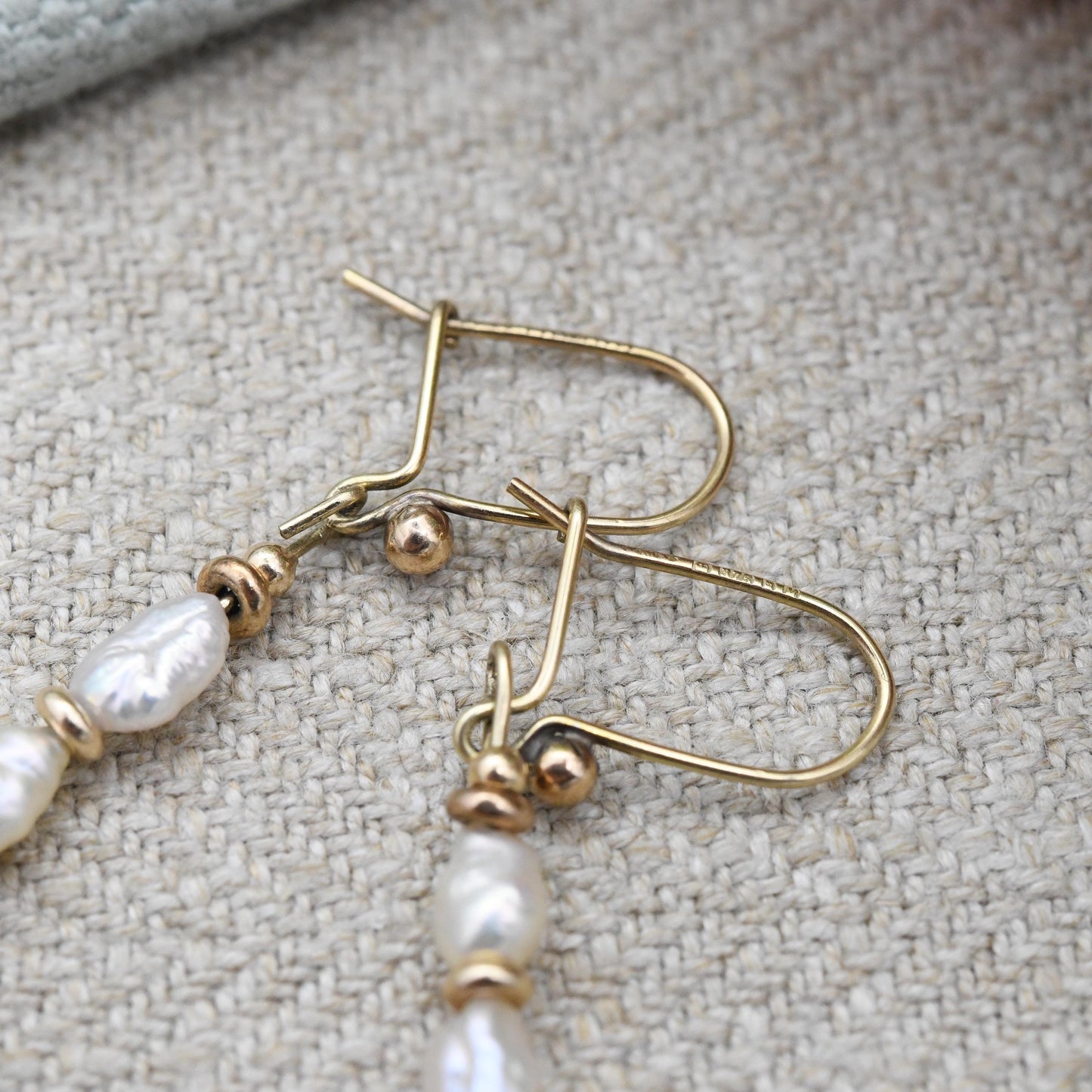 Vintage 9ct Gold Triple Baroque Pearl Drop Earrings 1986 - Gold Spacers Irregular Pearls Dangle Stud Earrings | White Gemstone Minimalist