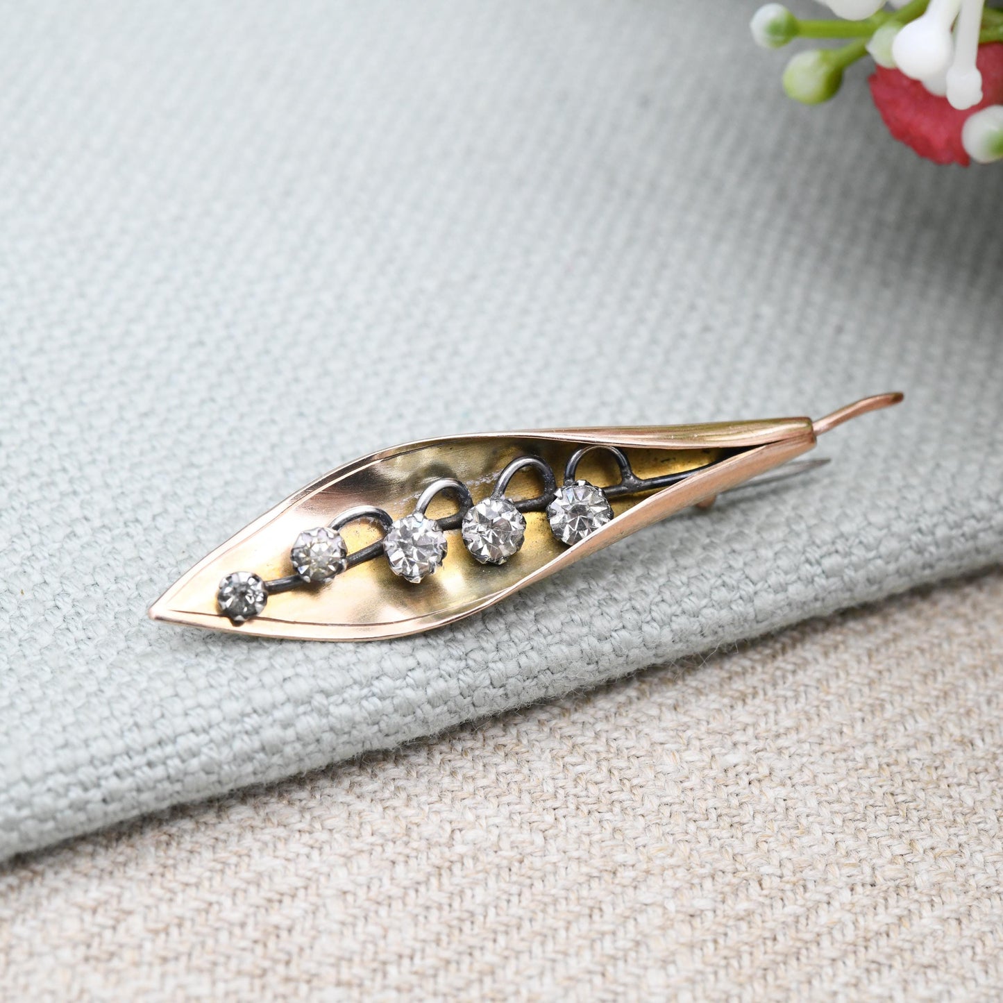 Antique 9ct Gold Lily of the Valley Brooch by Arthur Johnson Smith AJS - Solid Rose Gold and Sparkly Clear Paste Collectable Jewellery Gift