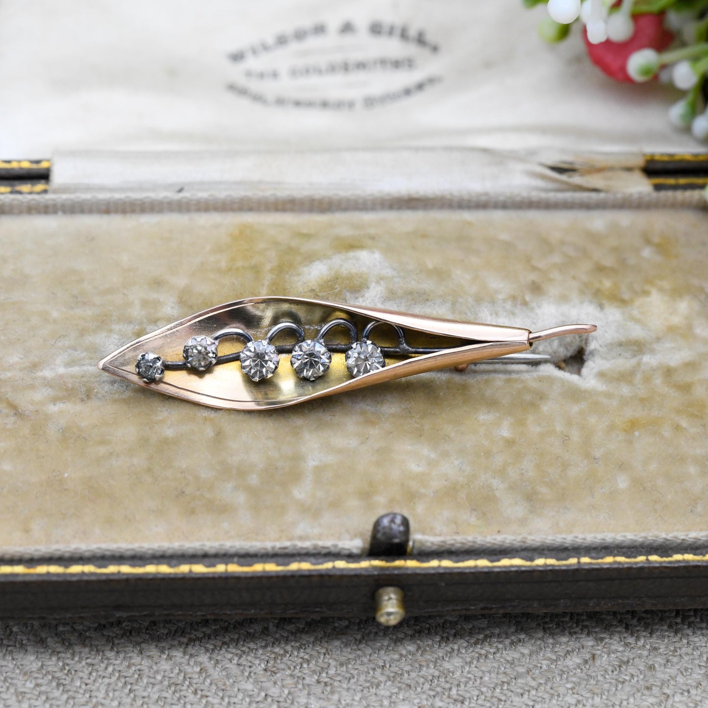 Antique 9ct Gold Lily of the Valley Brooch by Arthur Johnson Smith AJS - Solid Rose Gold and Sparkly Clear Paste Collectable Jewellery Gift