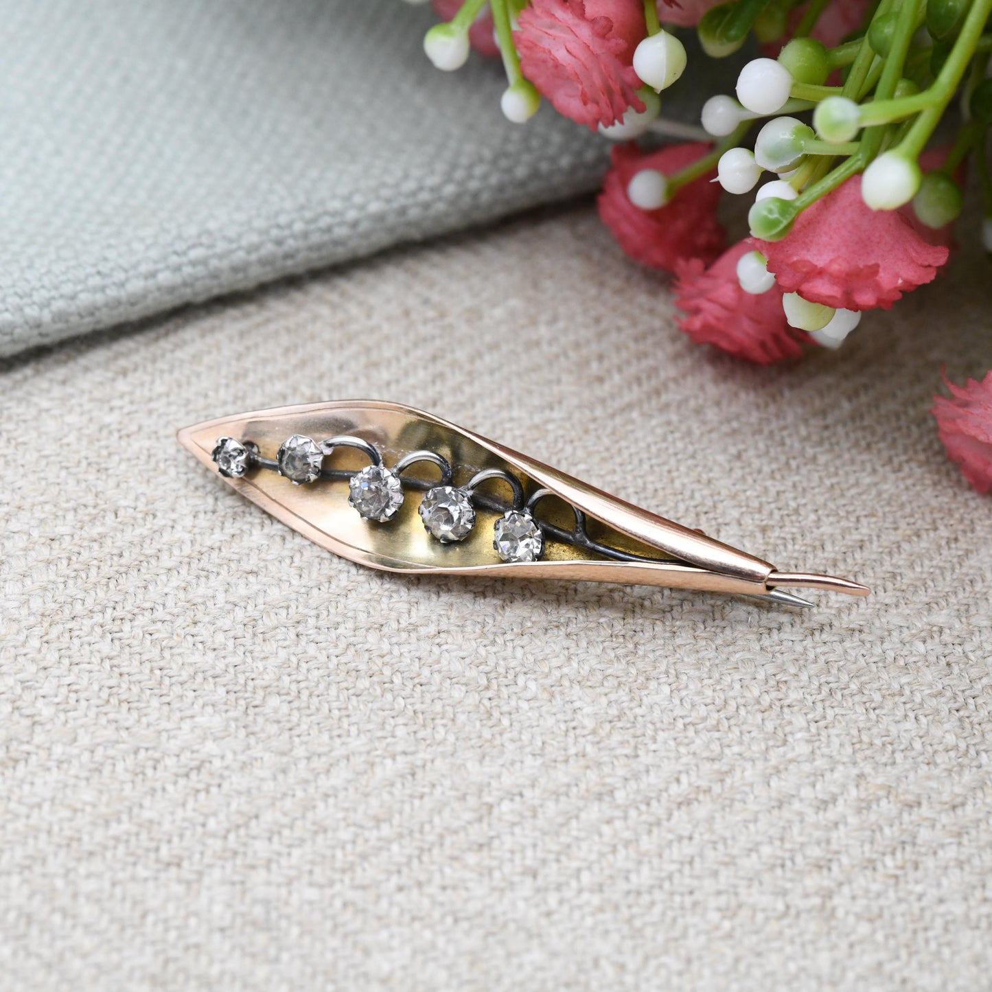 Antique 9ct Gold Lily of the Valley Brooch by Arthur Johnson Smith AJS - Solid Rose Gold and Sparkly Clear Paste Collectable Jewellery Gift