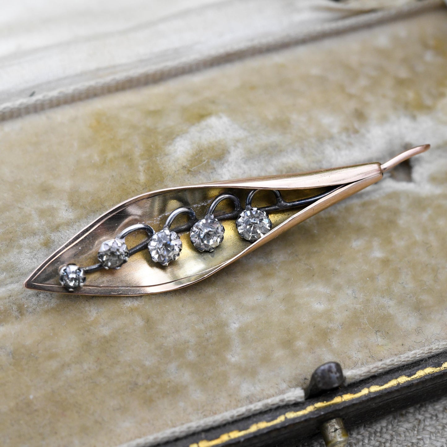 Antique 9ct Gold Lily of the Valley Brooch by Arthur Johnson Smith AJS - Solid Rose Gold and Sparkly Clear Paste Collectable Jewellery Gift