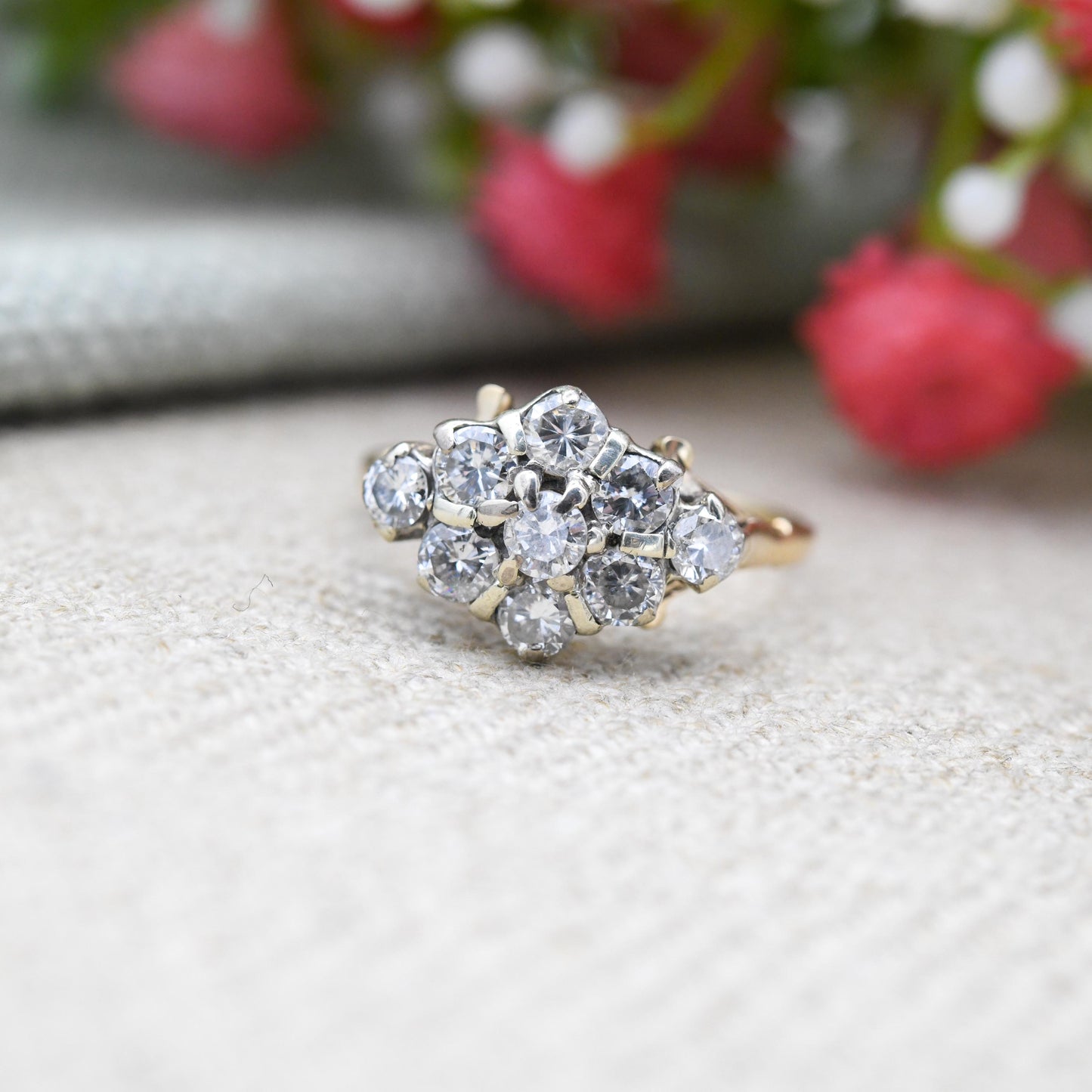 Vintage 1ct Diamond Cluster Ring 9ct Gold 1930s - Antique Engagement Ring Gold Jewellery Gift for Her | Small UK Size - K | US Size - 5 1/4