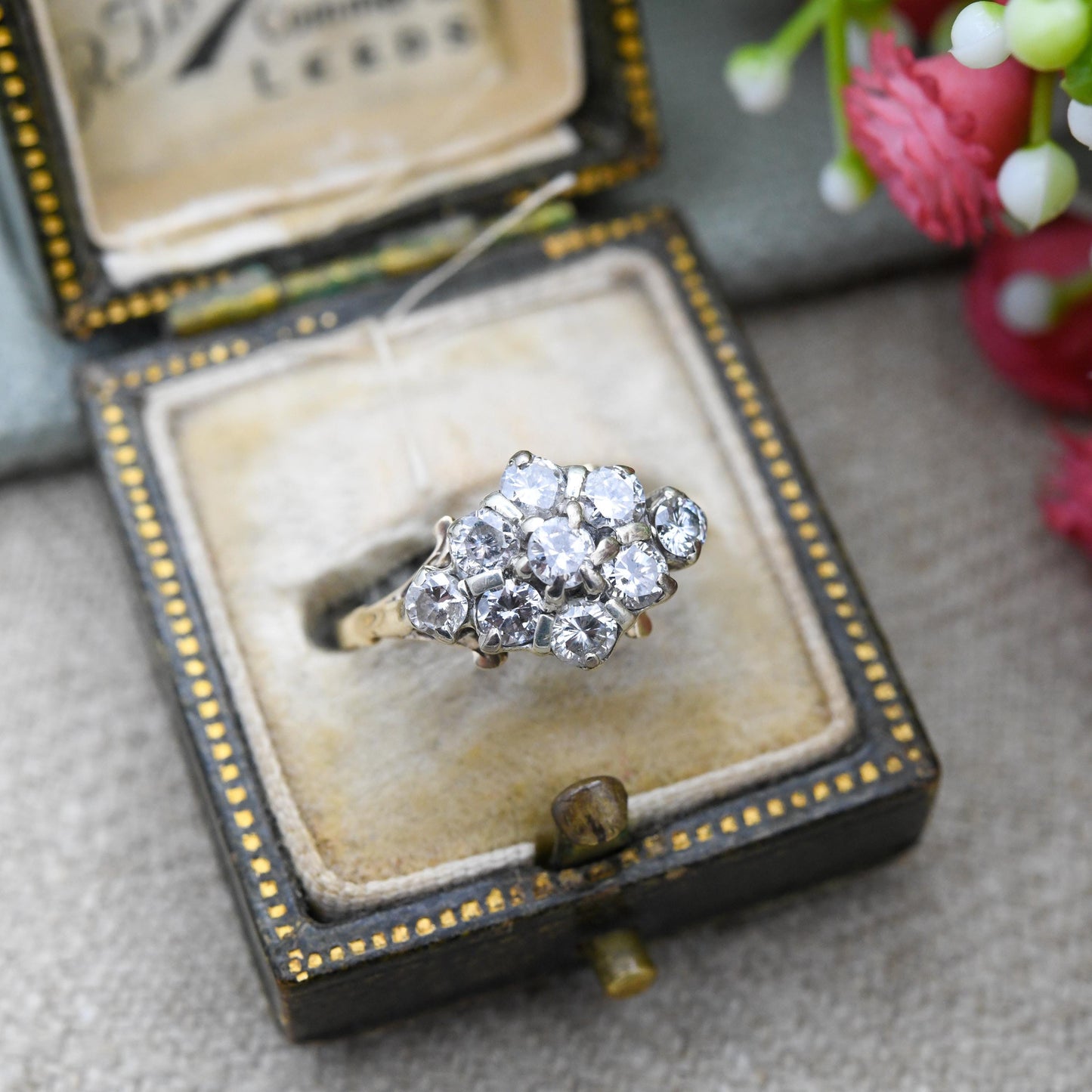 Vintage 1ct Diamond Cluster Ring 9ct Gold 1930s - Antique Engagement Ring Gold Jewellery Gift for Her | Small UK Size - K | US Size - 5 1/4