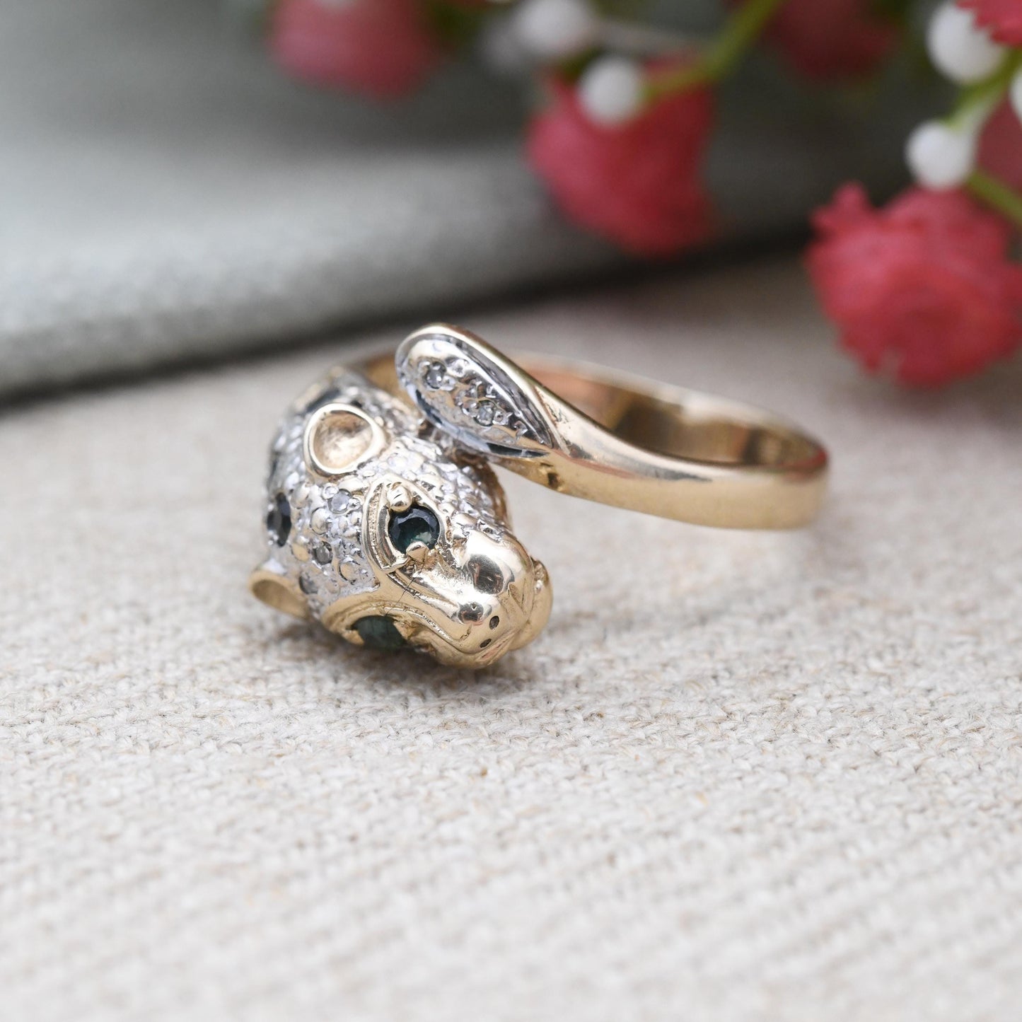 Vintage 9ct Gold Gemstone Panther Ring with Diamonds Emerald Sapphires - Cocktail Animal Ring Leopard | UK Size - S 1/2 | US Size - 9 1/2
