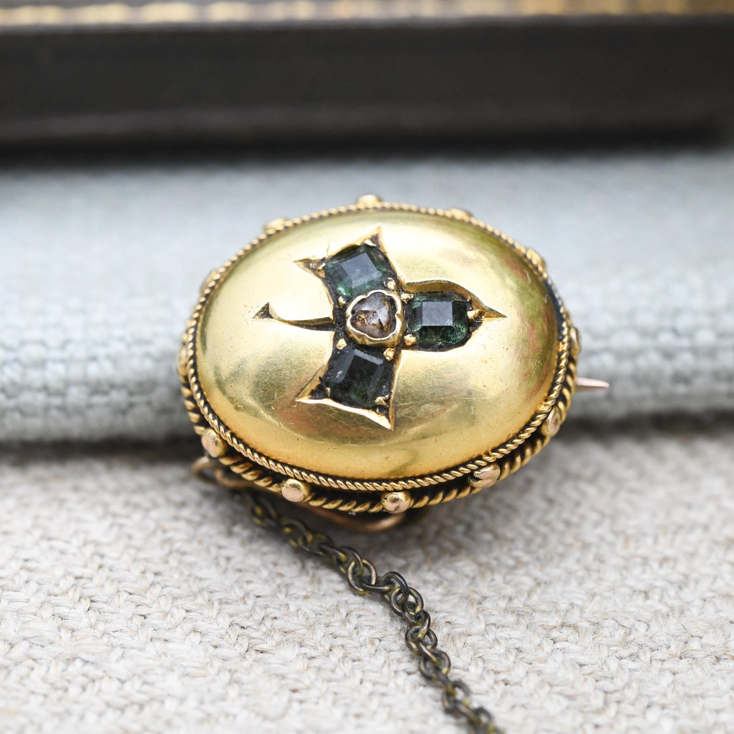 Antique Victorian Gold Clover Brooch with Emerald and Diamond - 19th Century Cushion Brooch Pin Granulated Rope Twist | Three Leaf Shamrock