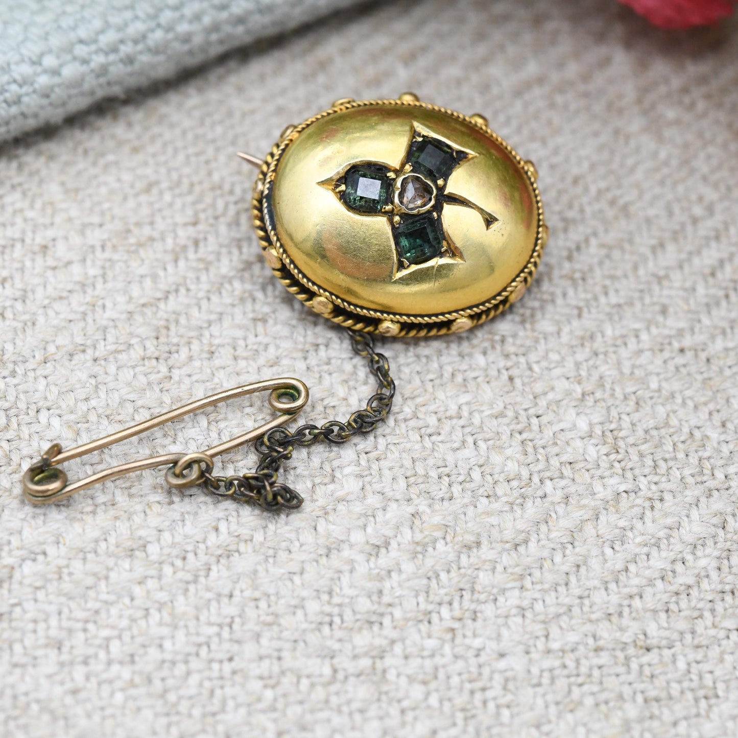 Antique Victorian Gold Clover Brooch with Emerald and Diamond - 19th Century Cushion Brooch Pin Granulated Rope Twist | Three Leaf Shamrock