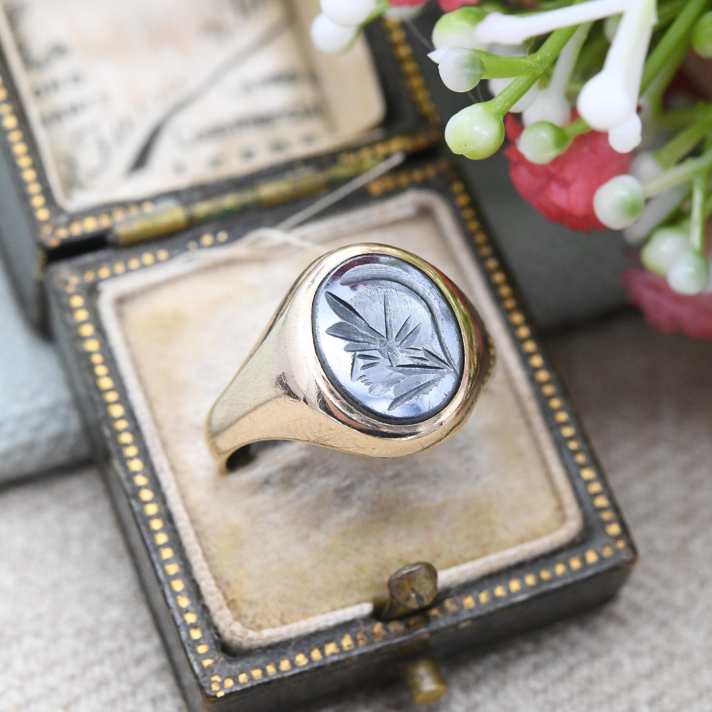 Vintage 9ct Gold Hematite Intaglio Signet Ring 1980 - Carved Gladiator Soldier Head Bust | Gift for Him | UK Size - Q 1/2 | US Size - 8 1/2