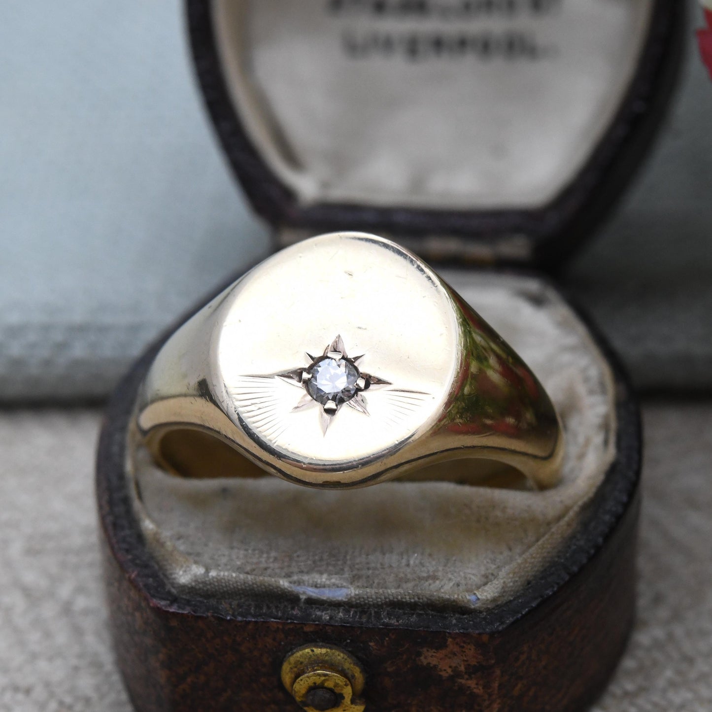 Vintage 9ct Gold Diamond Signet Ring 1961 with Starburst Design - Large Chunky Yellow Gold Jewellery Gift for Him | UK Size - W US Size - 11