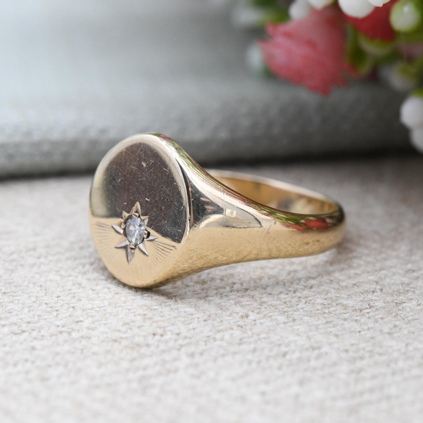 Vintage 9ct Gold Diamond Signet Ring 1961 with Starburst Design - Large Chunky Yellow Gold Jewellery Gift for Him | UK Size - W US Size - 11