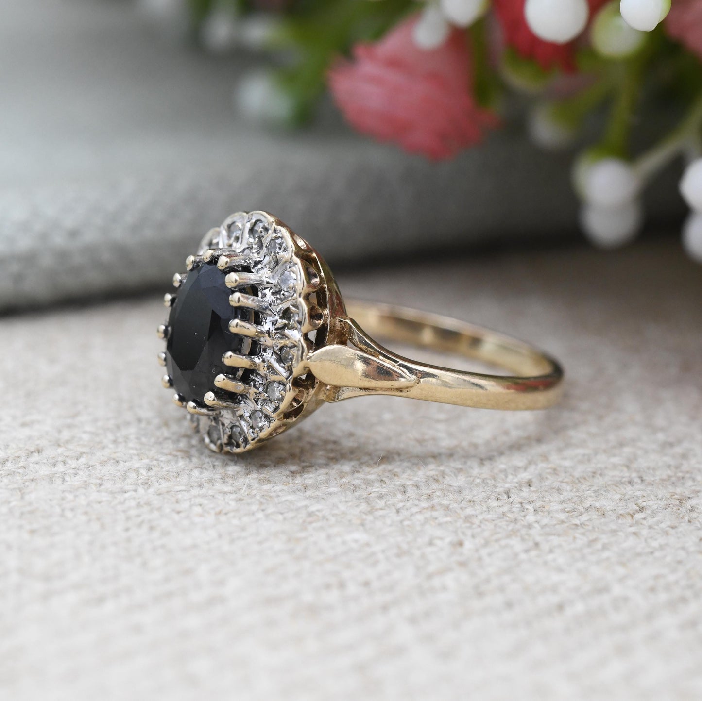 Vintage 9ct Gold Sapphire and Diamond Halo Ring c. 1980s - Large Cocktail Pretty Deep Blue Ring Gift for Her | UK Size - O | US Size - 7 1/4